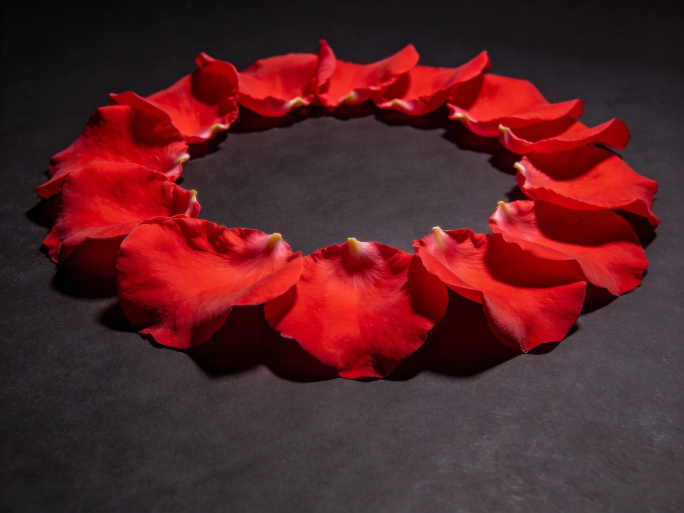 Multiple red rose petals arranged in a circular shape on a dark surface