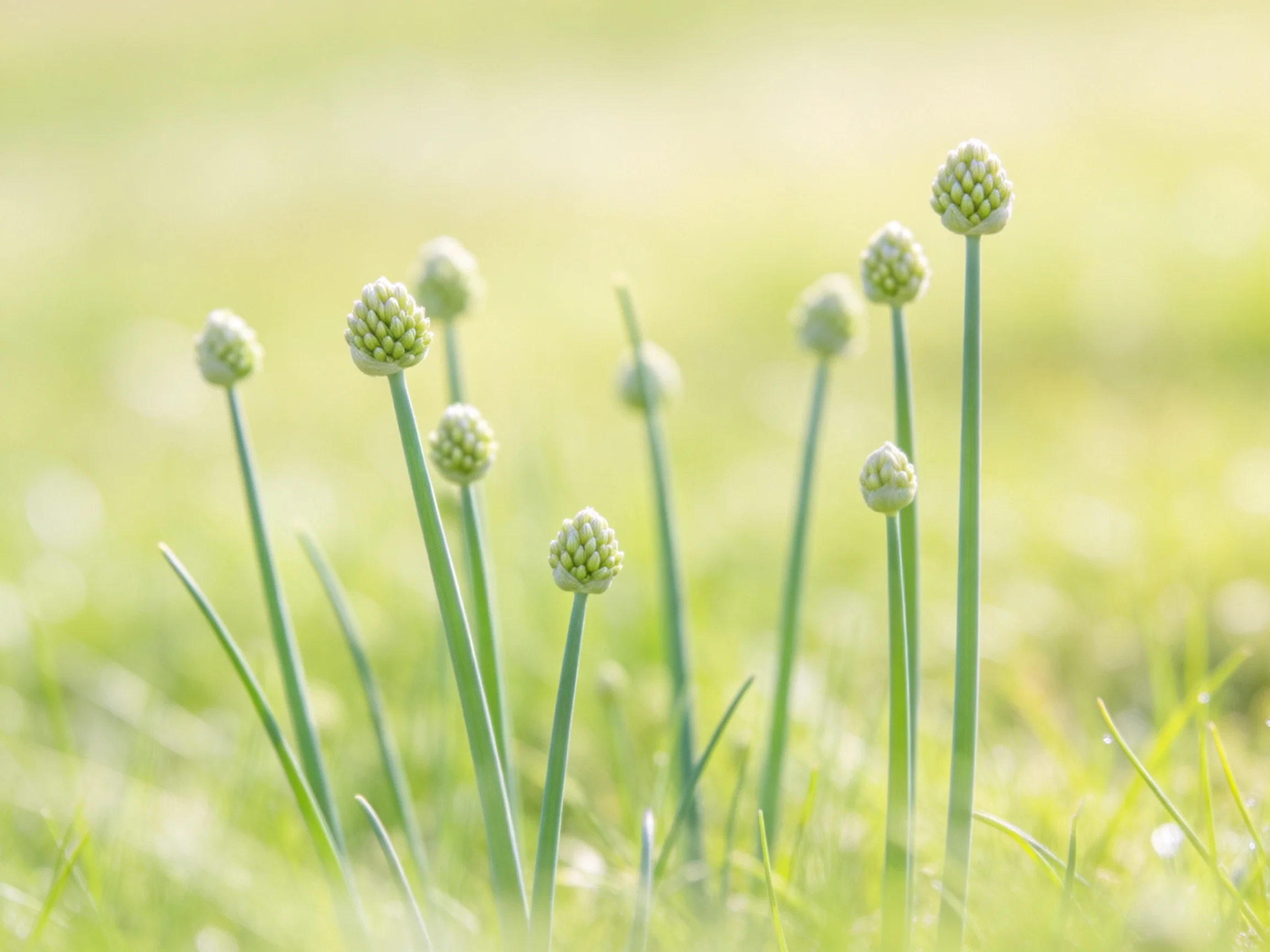 Multiple small white flower buds on tall green stems in a sunlit meadow