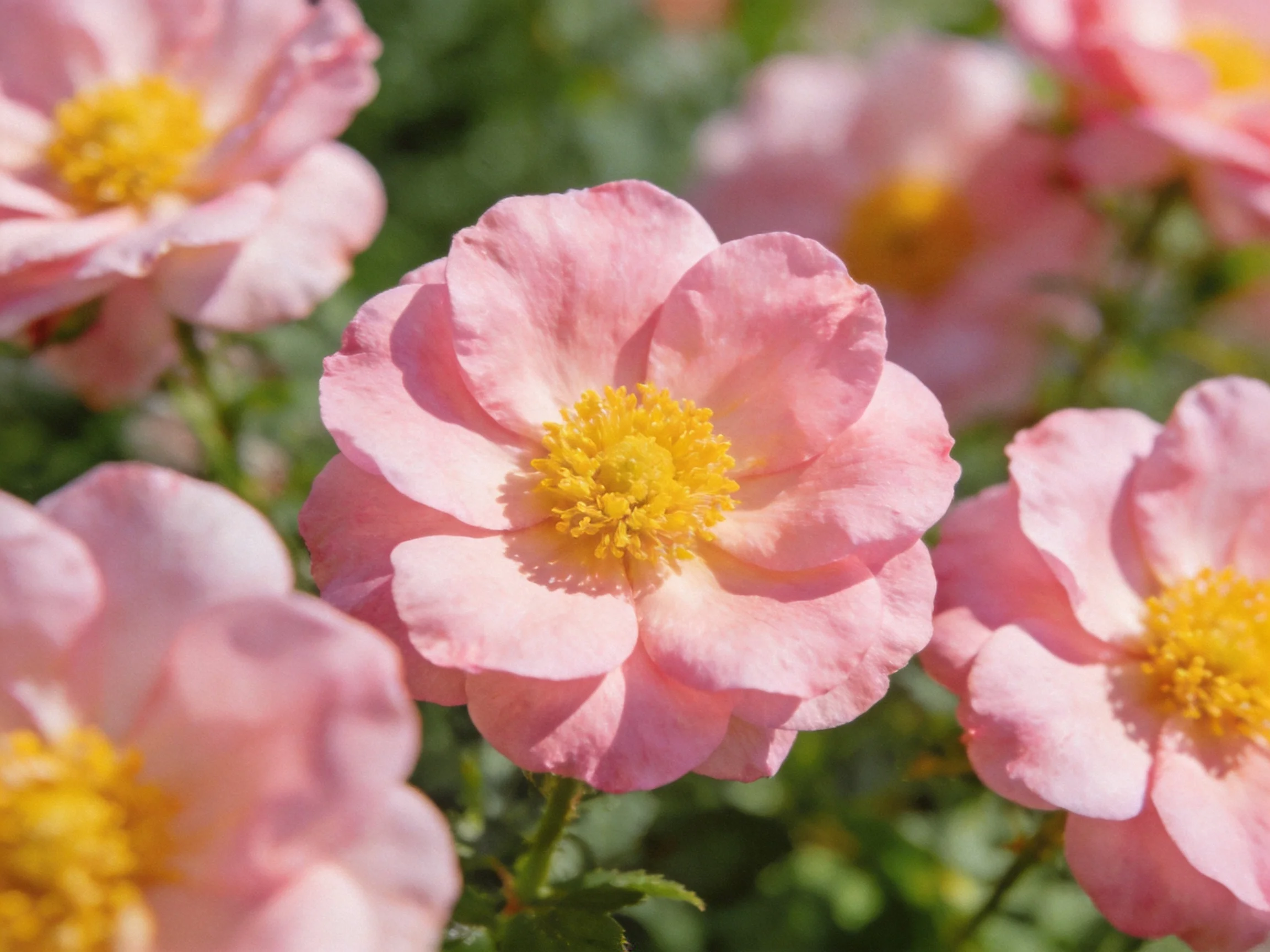 Multiple soft pink roses with bright yellow centers bloom in a sunlit garden.