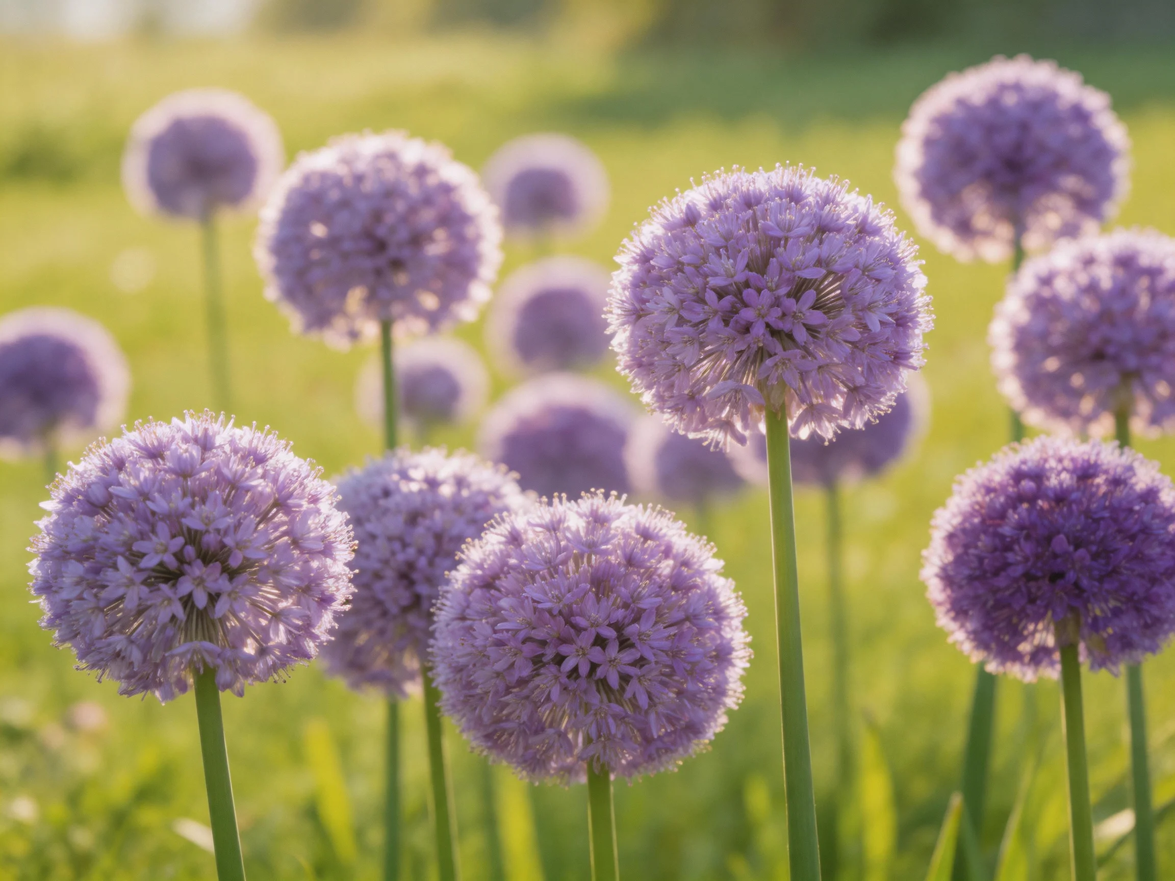 Multiple spherical purple allium blooms in a sunlit green meadow