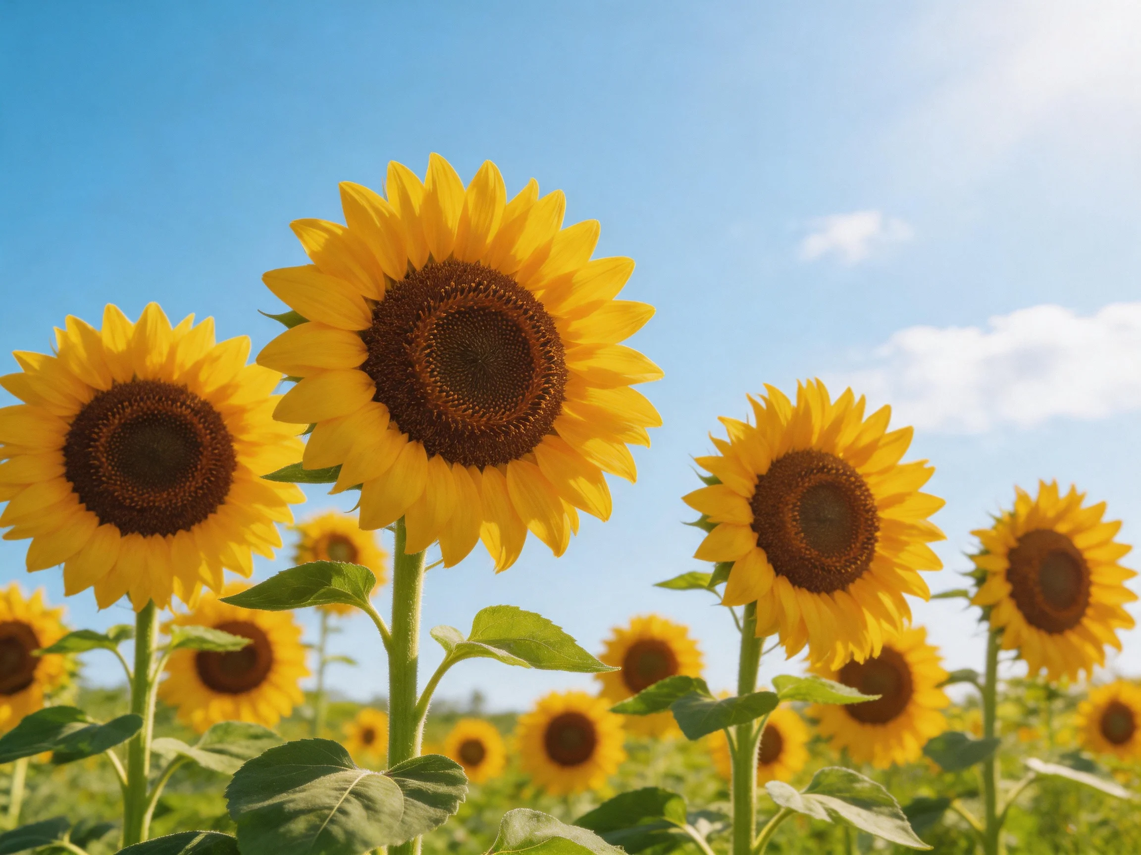 Multiple sunflowers bloom vibrantly under a clear blue sky