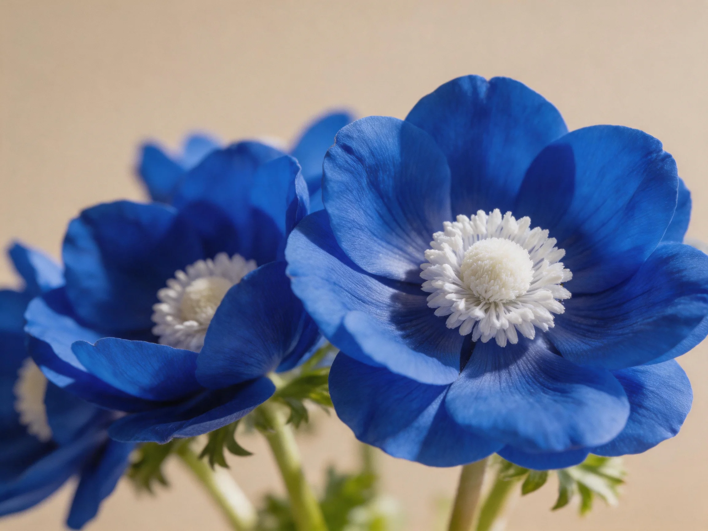 Multiple vibrant blue flowers with white centers in soft lighting