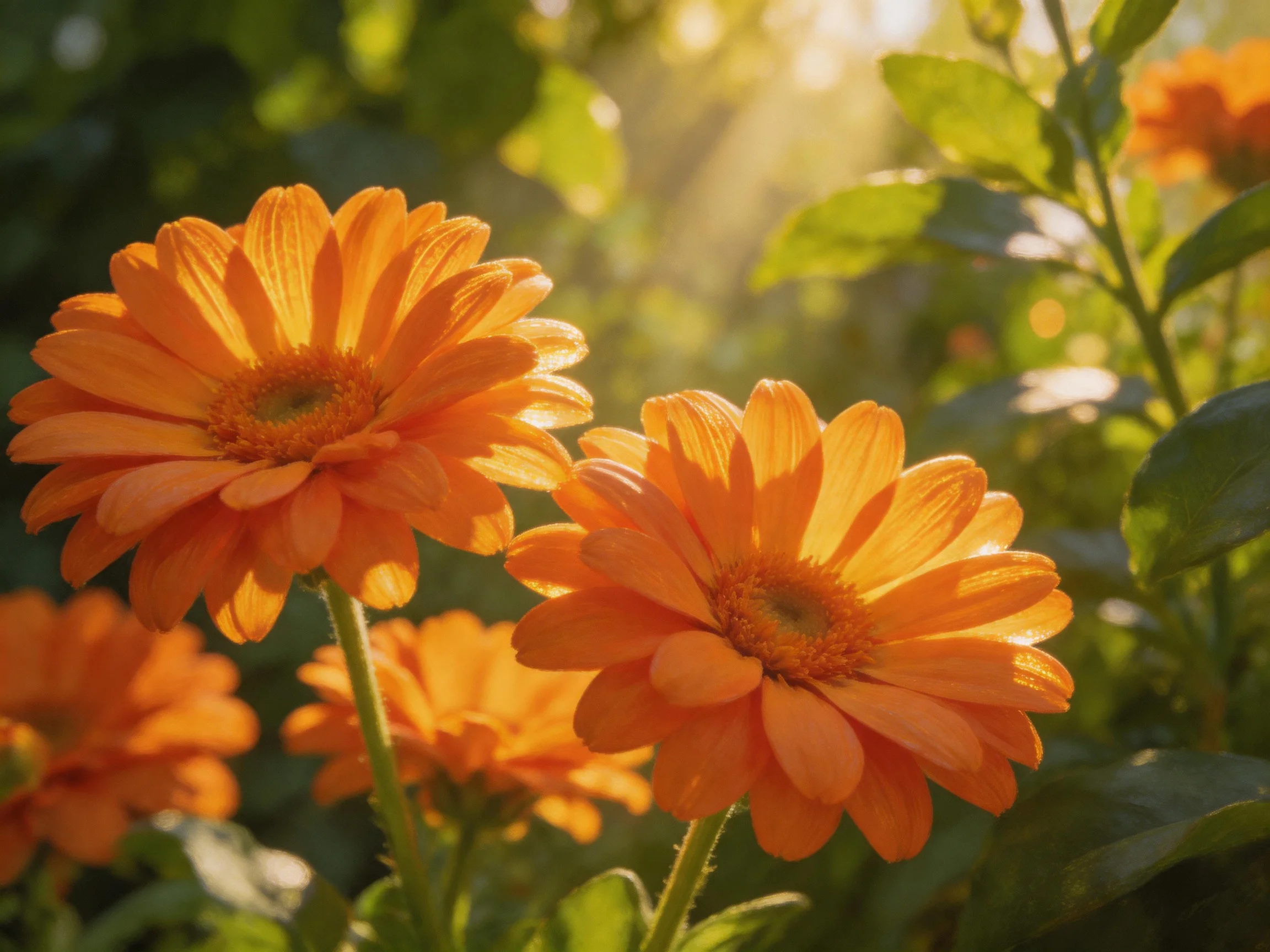 Multiple vibrant orange marigold bloom under golden sunlight