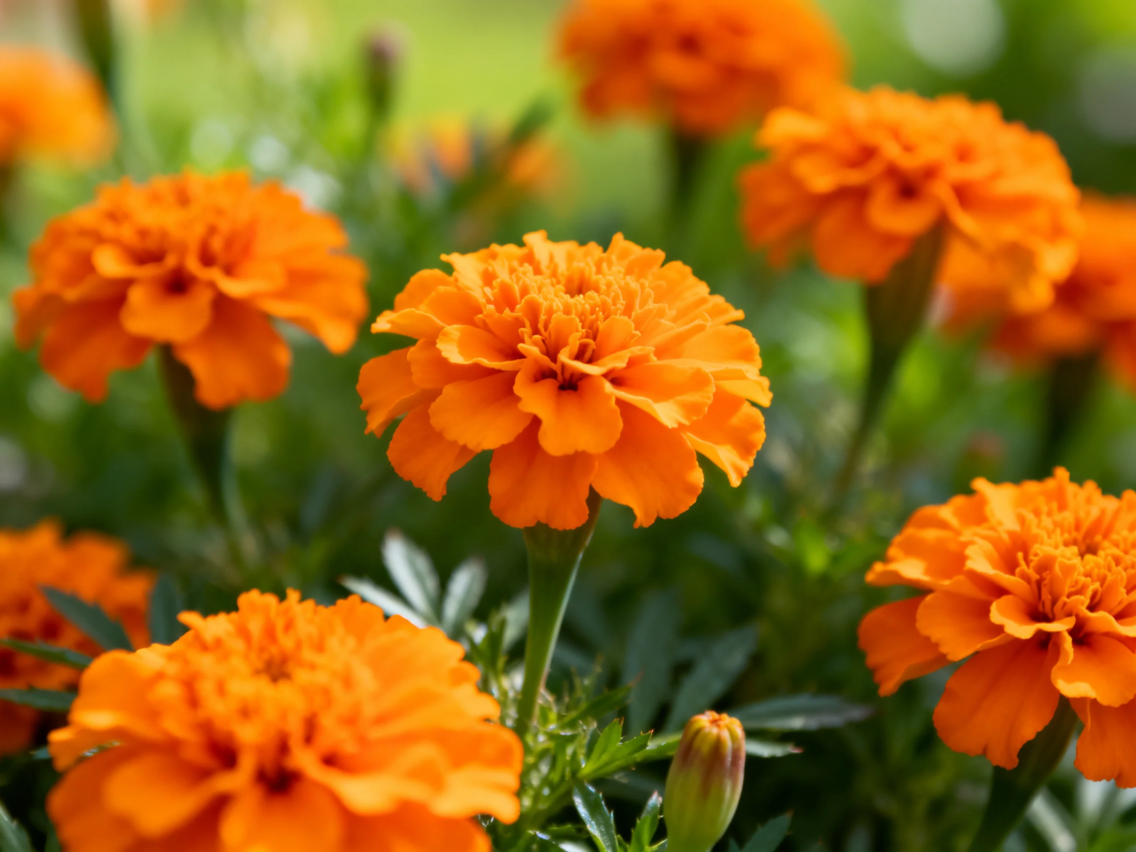 Multiple vibrant orange marigolds bloom amid lush greenery