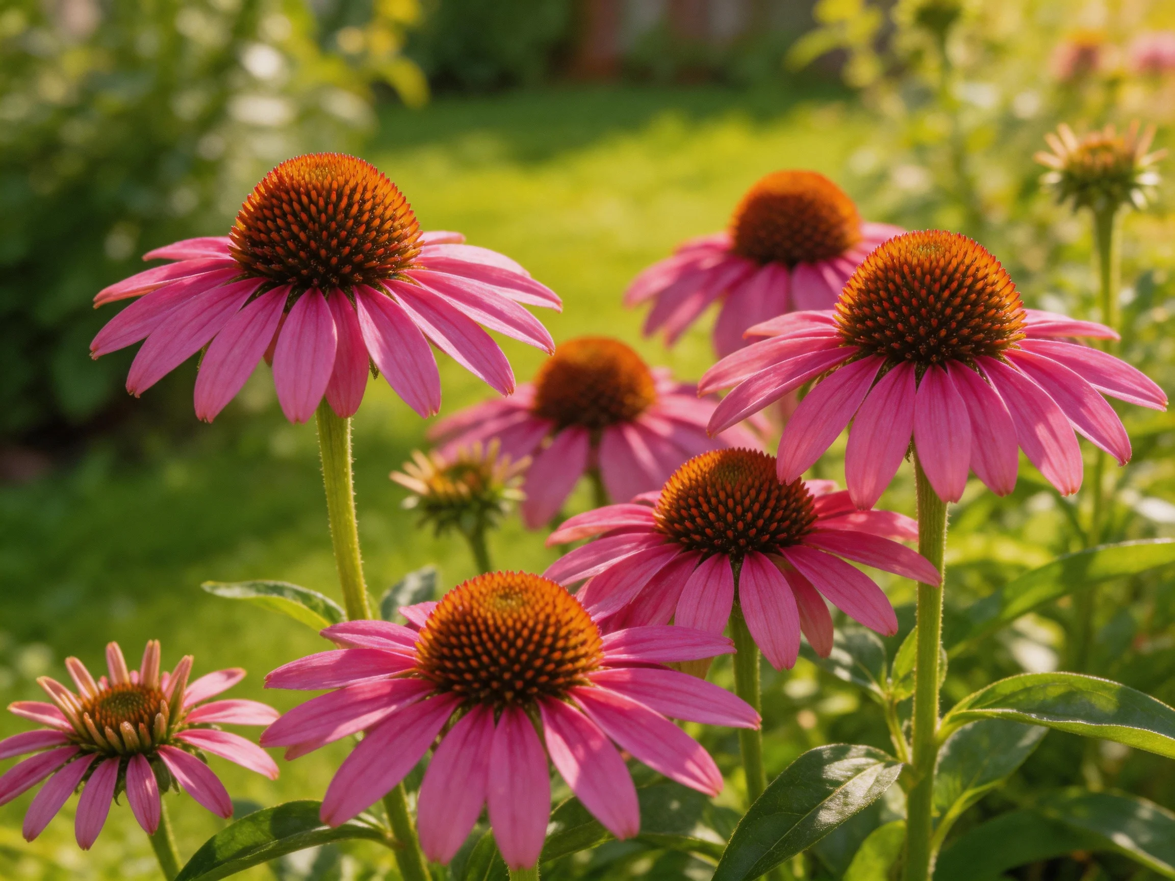 Multiple vibrant pink coneflowers bloom in a sunlit garden