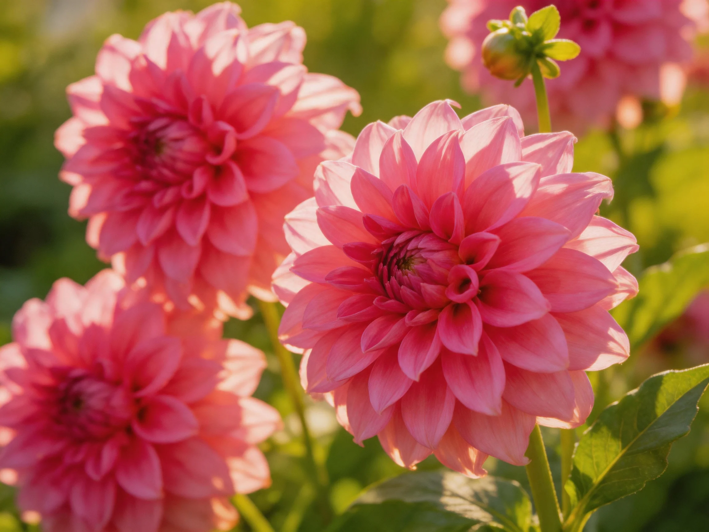Multiple vibrant pink dahlia blooms in a sunlit garden