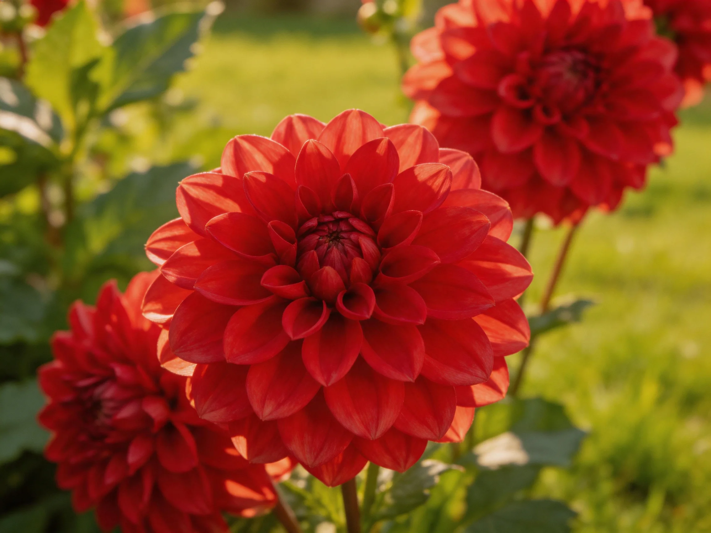 Multiple vibrant red dahlia blooms bloom in a sunlit garden