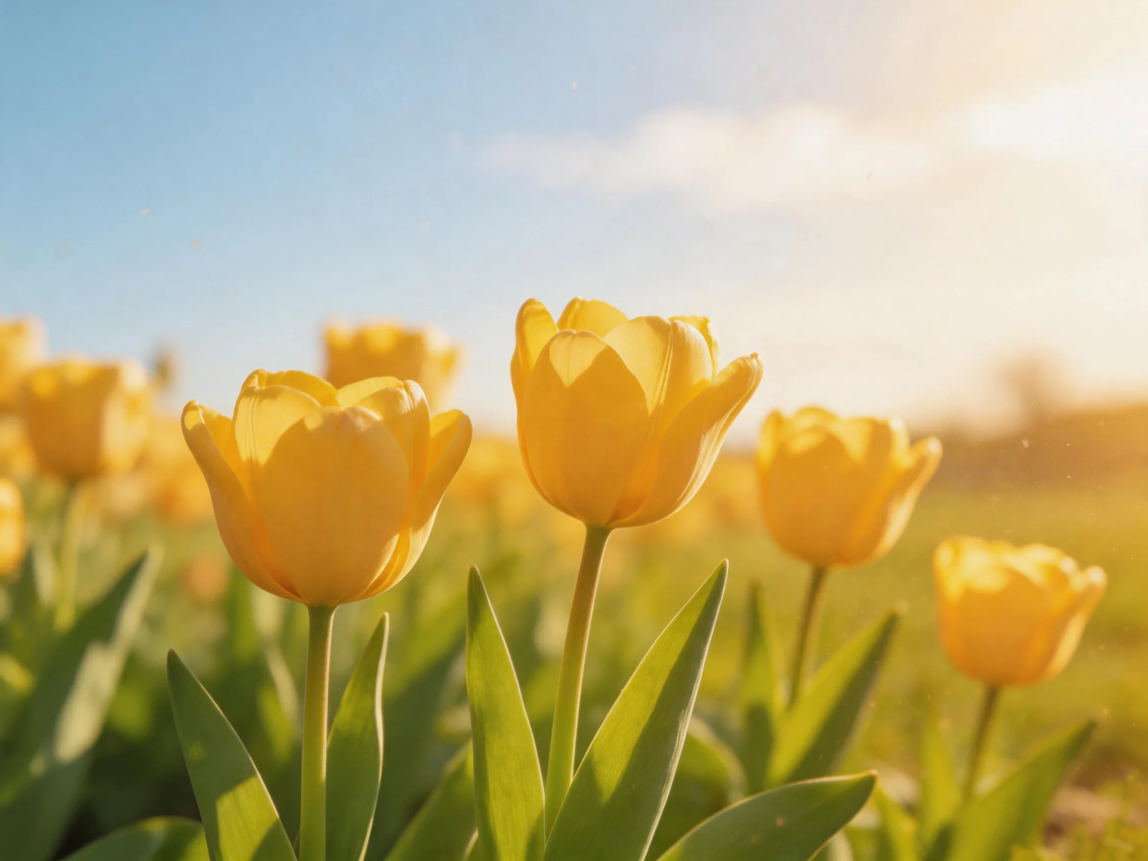 Multiple vibrant yellow tulips bloom in a sun-drenched meadow