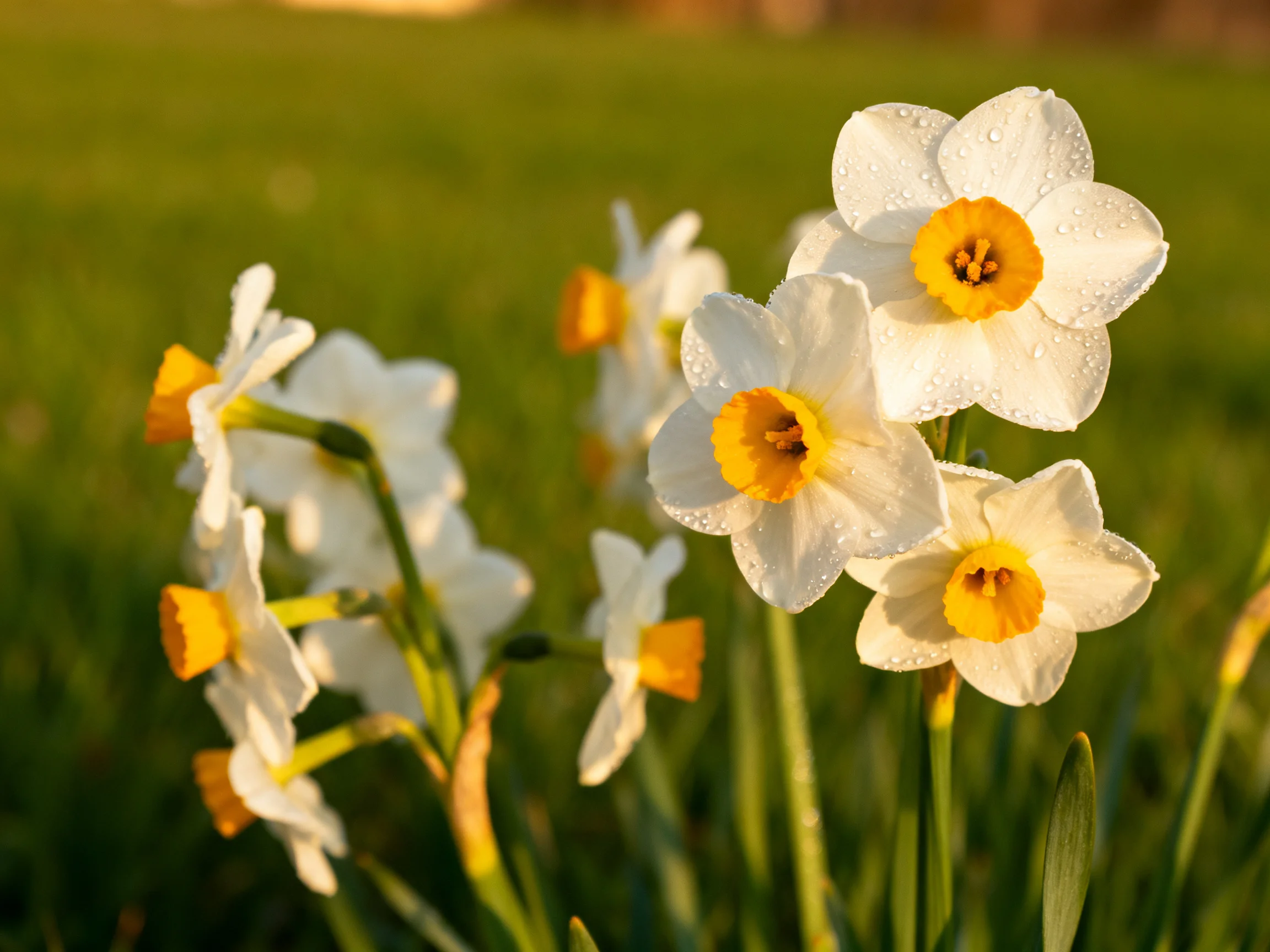 Multiple white and yellow daffodils bloom in a sunlit green landscape