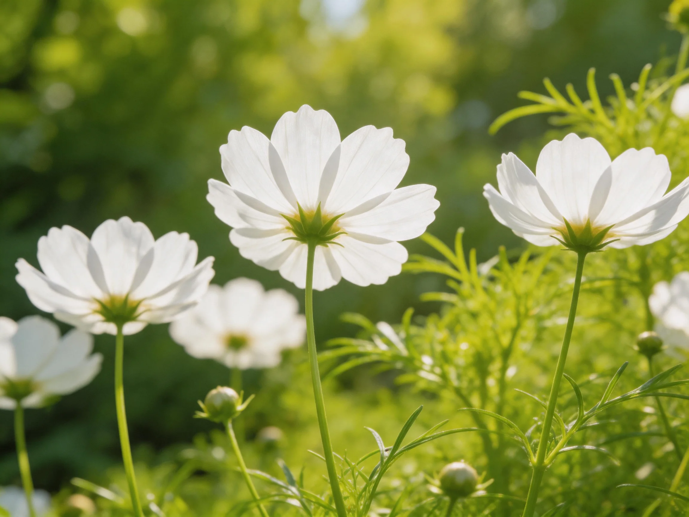 Multiple white cosmos flowers bloom among green foliage in bright daylight