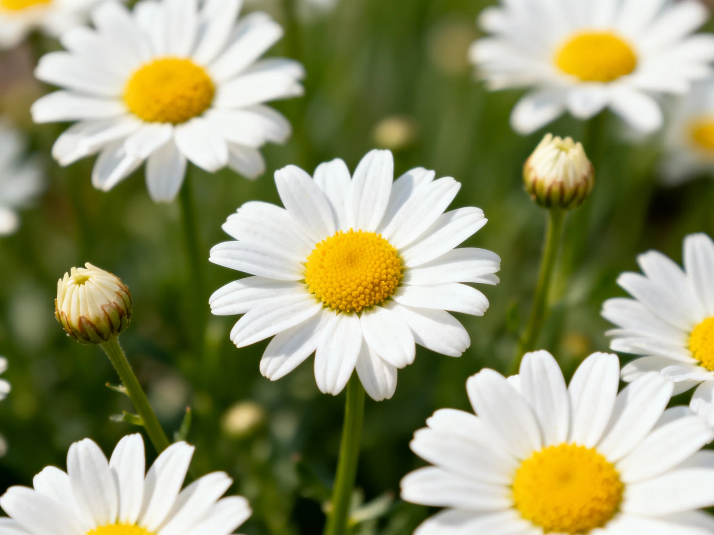 Multiple white daisies with bright yellow centers amidst greenery