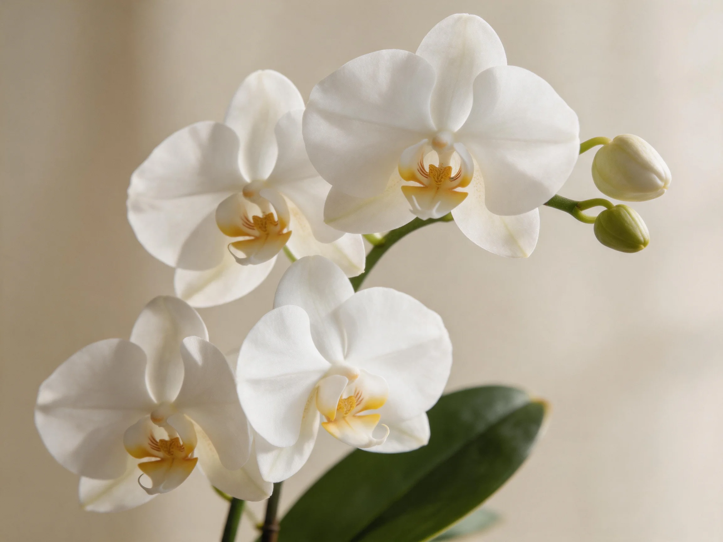 Multiple white orchid blooms with buds and dark green leaves