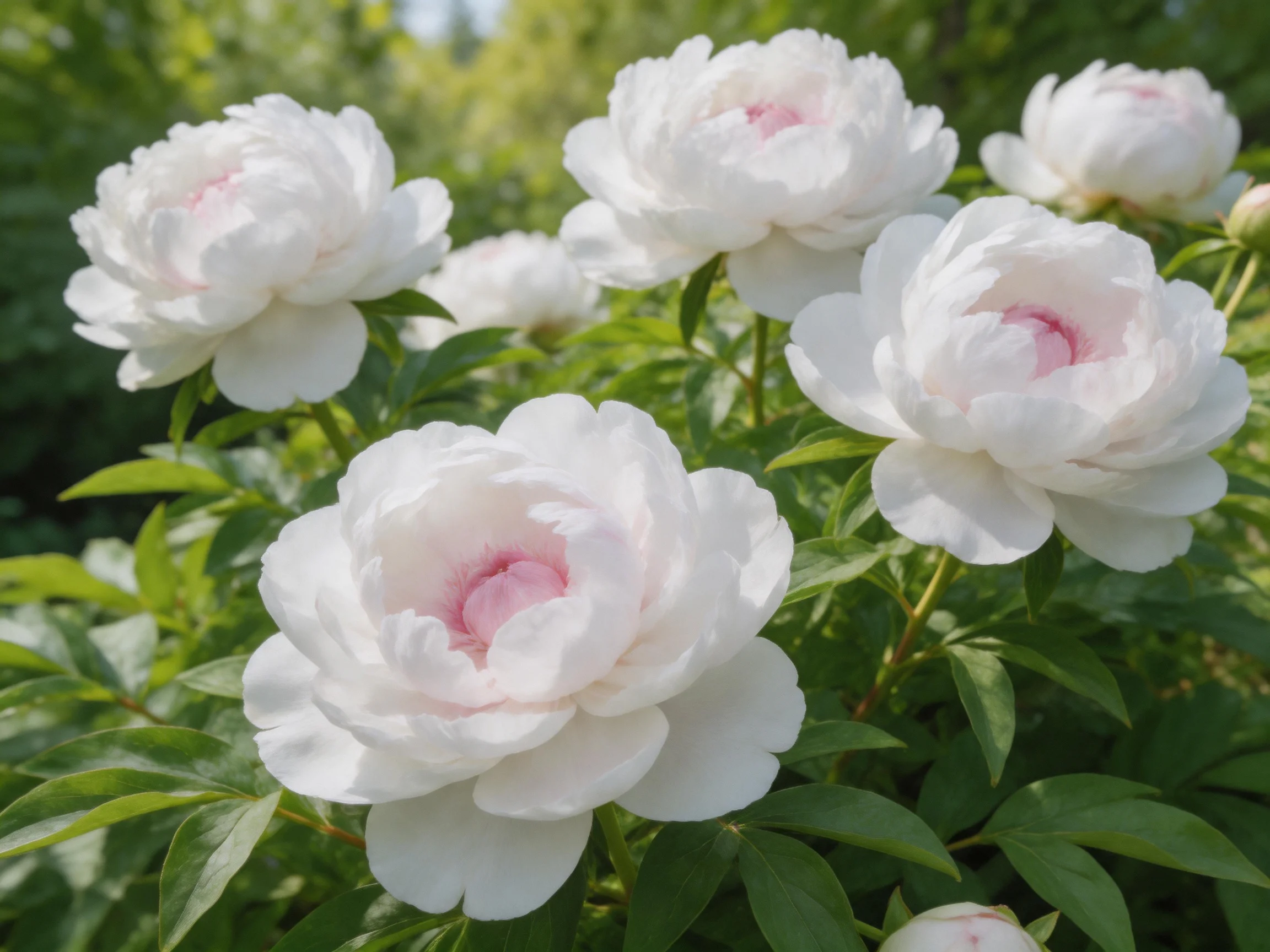 Multiple white peonies with pink centers bloom among lush green foliage