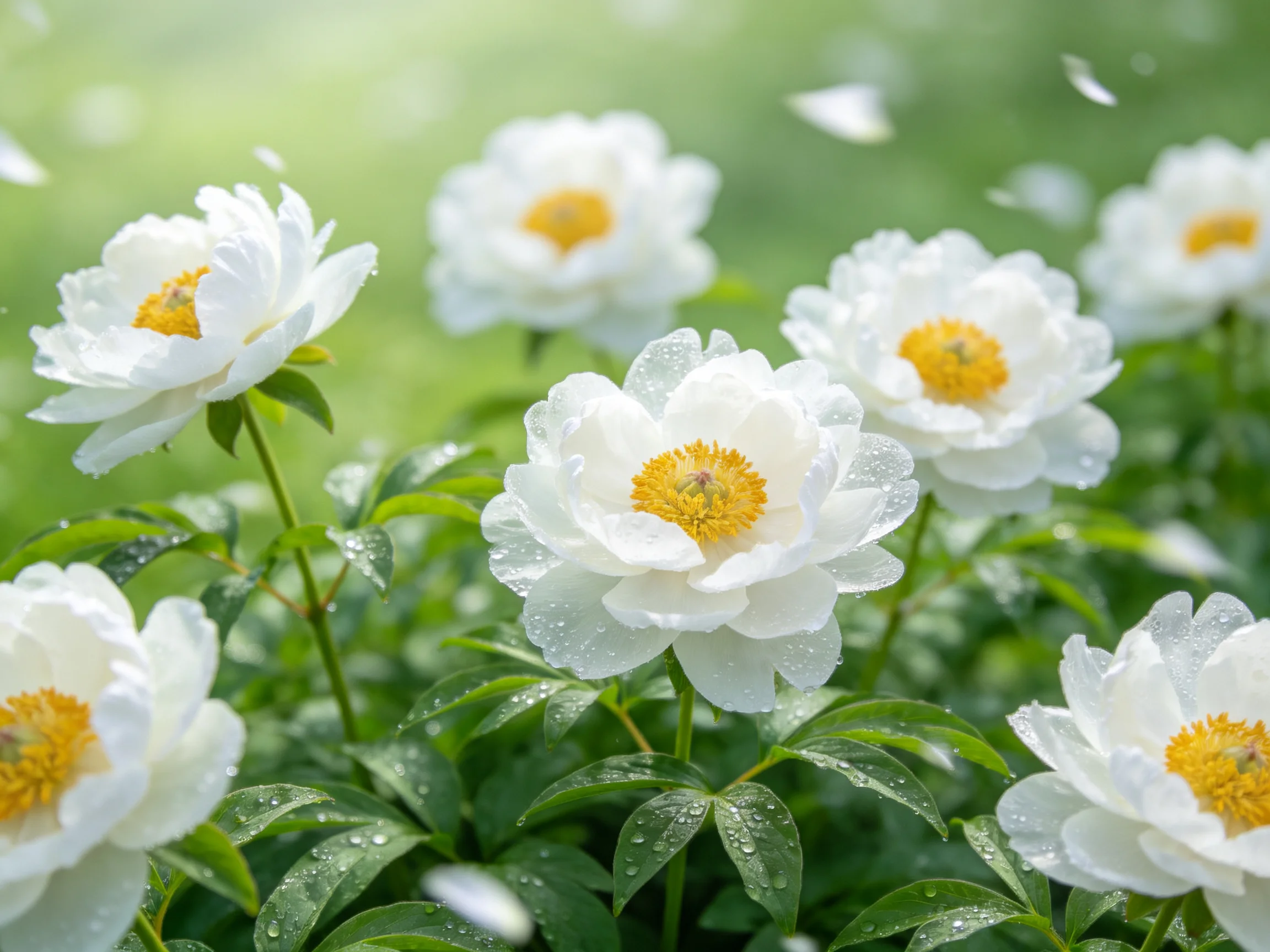 Multiple white peonies with yellow centers amidst lush green foliage