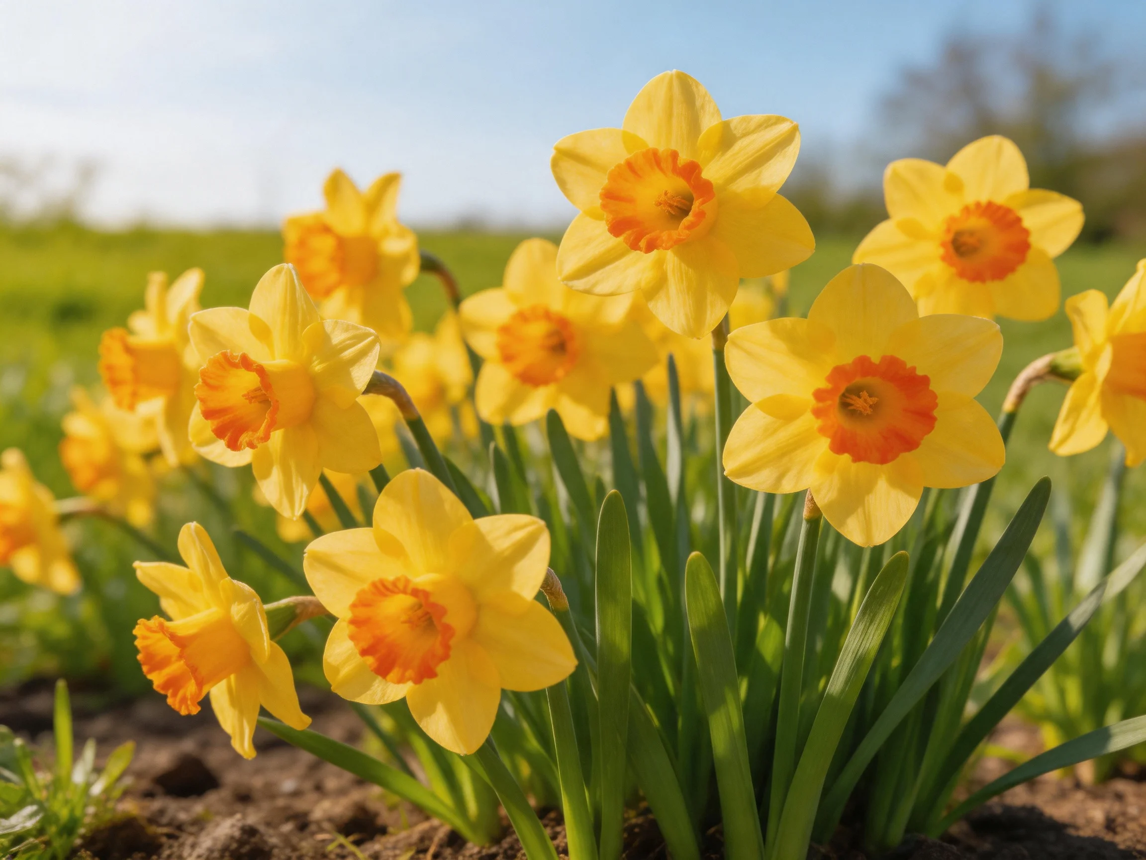 Multiple yellow daffodils with orange centers bloom in a sunny field