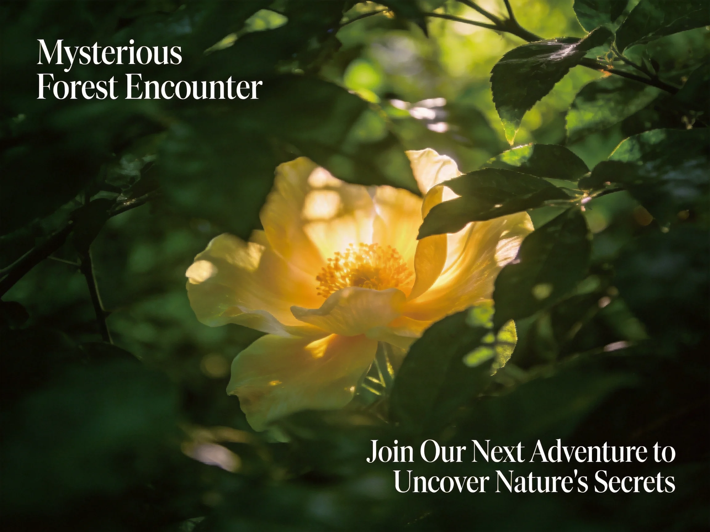 Mysterious Forest Encounter: Sunlit Yellow Flower Among Dense Foliage