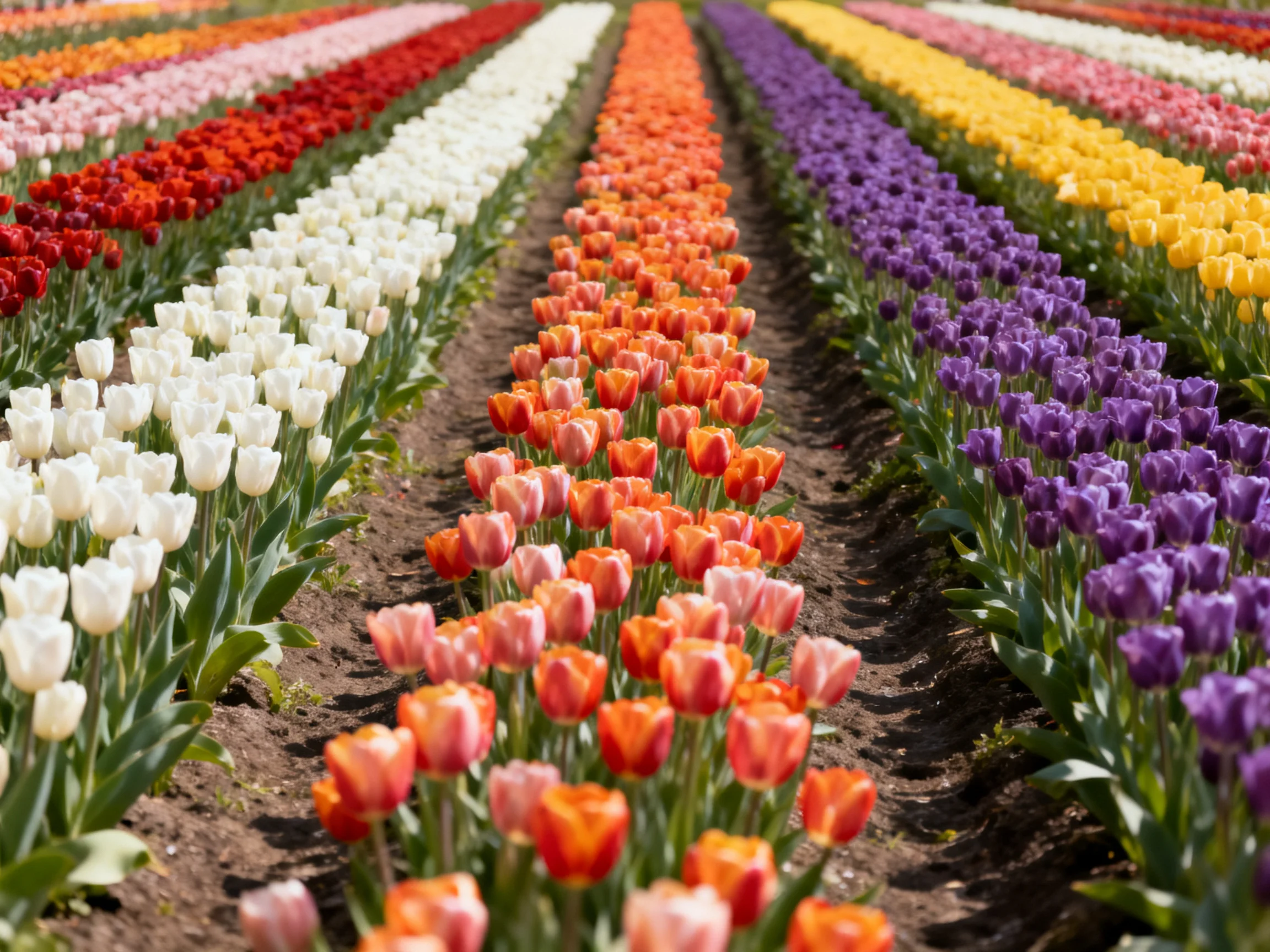 Neatly arranged tulip rows in garden beds show diverse colors