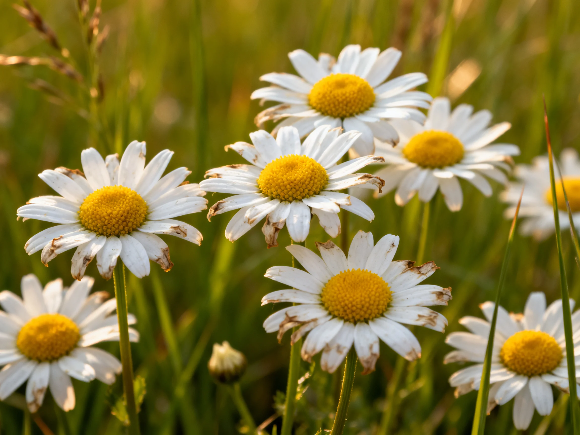 Nine daisies with white petals and yellow centers bloom amid tall green grass