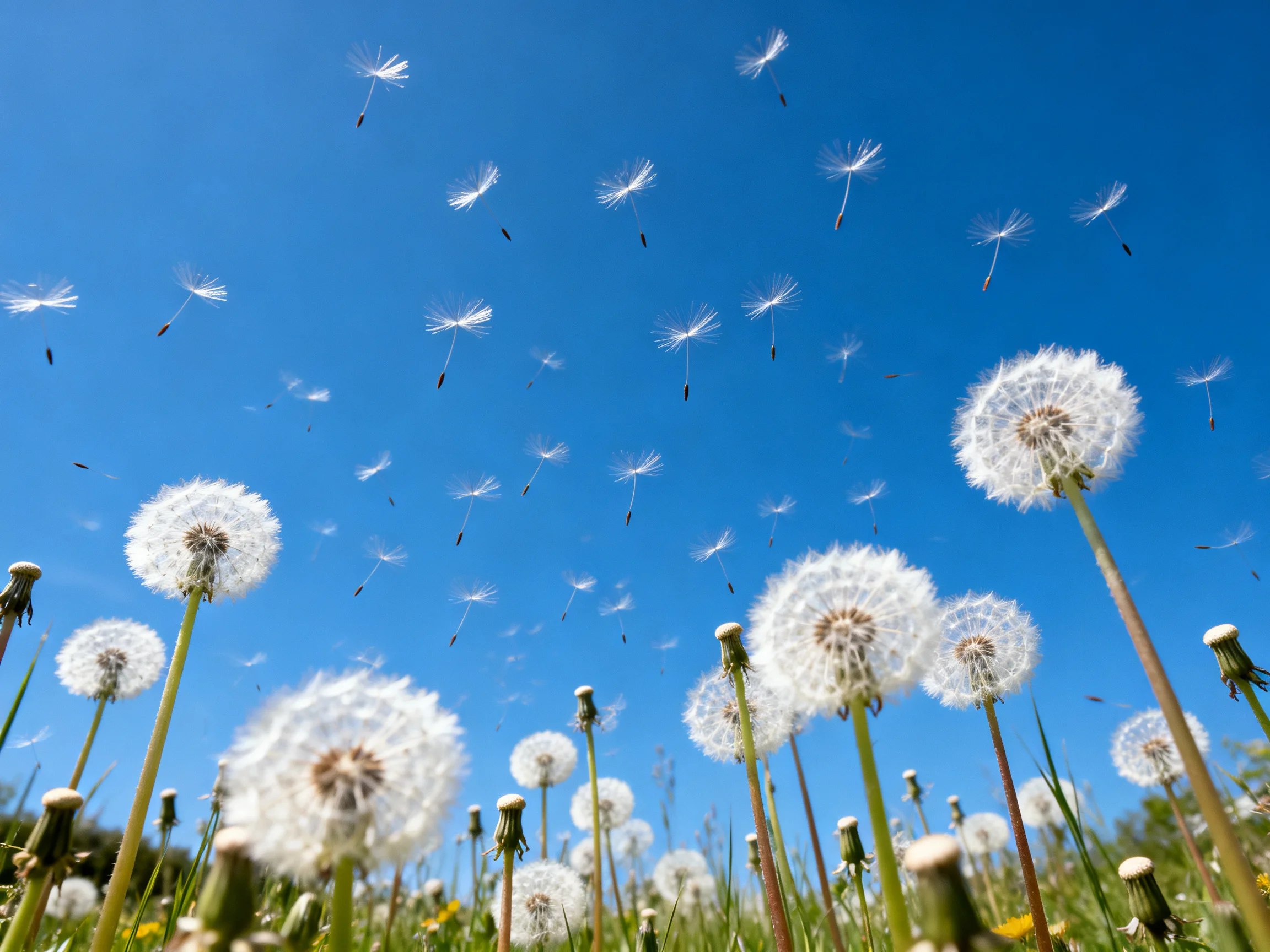 Numerous dandelion seed heads with airborne seeds under vibrant blue sky