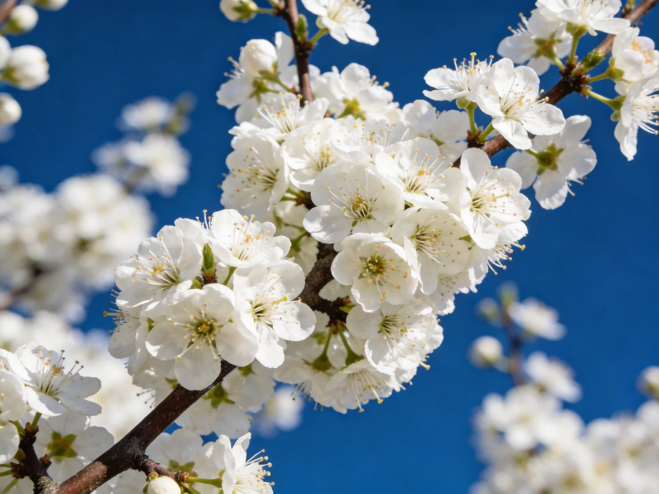 Numerous delicate white blossoms bloom on branches against a clear blue sky