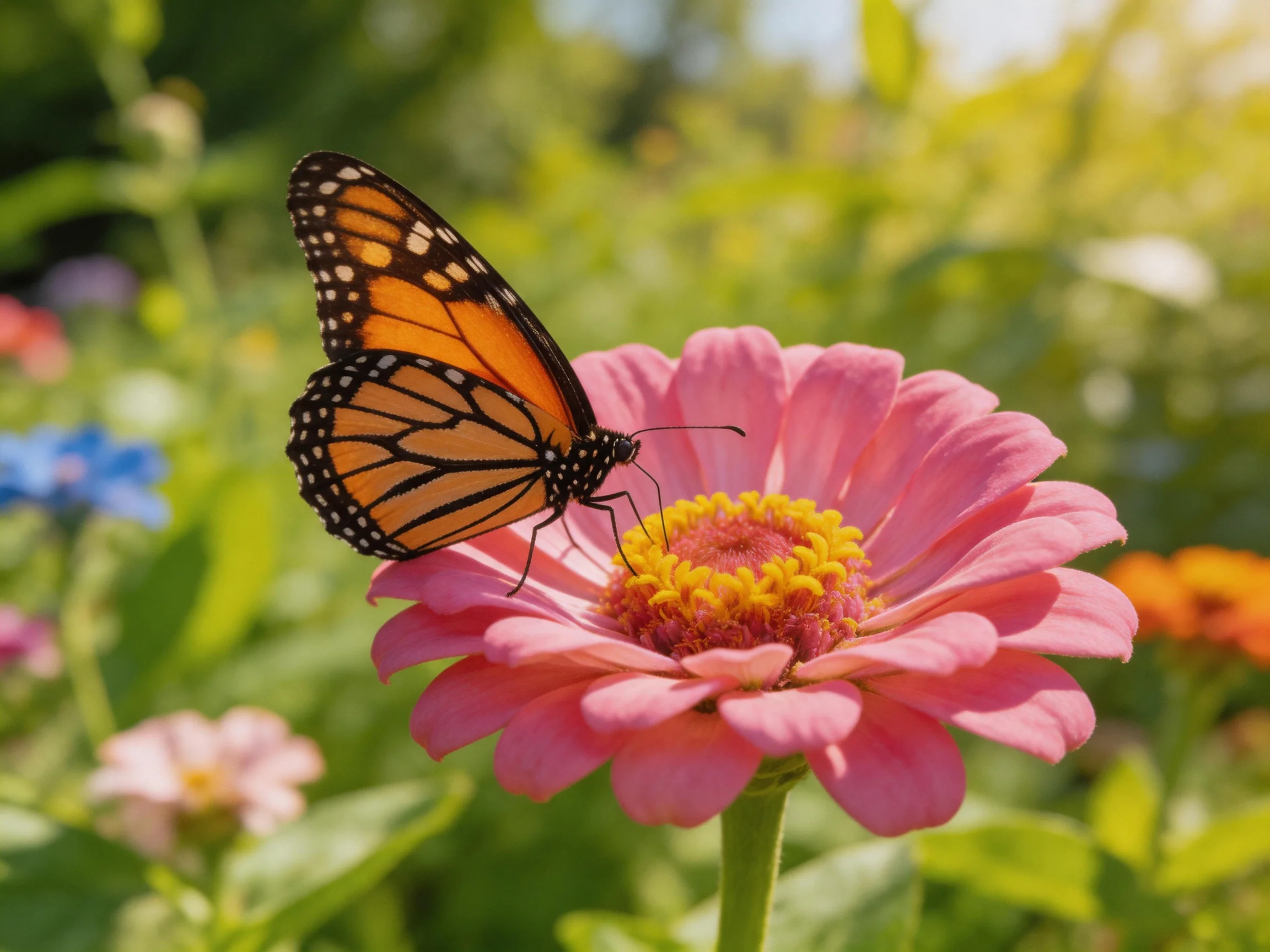 One monarch butterfly perches on a bright pink zinnia flower