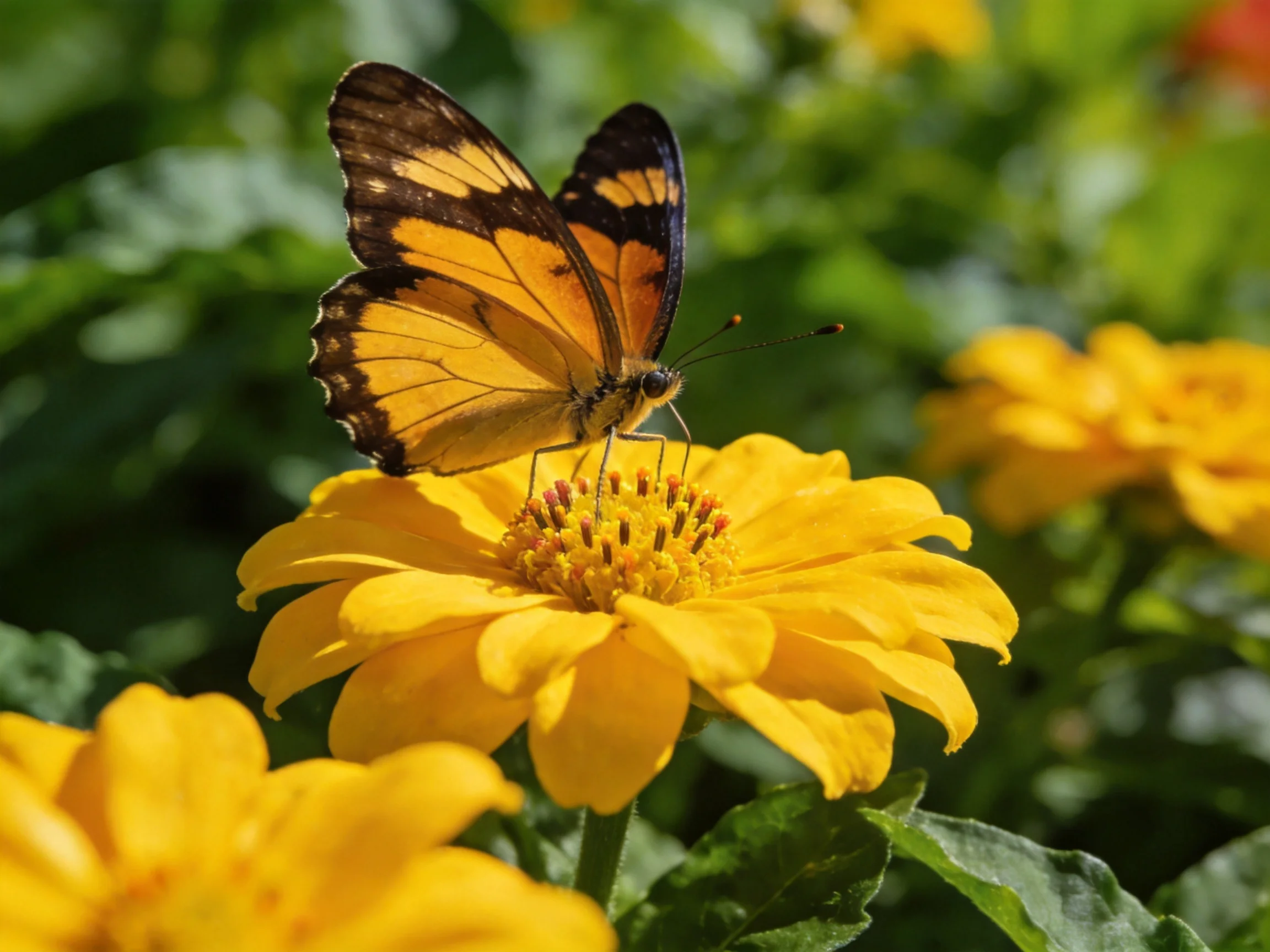 Orange and black butterfly perched on a bright yellow flower with green foliage