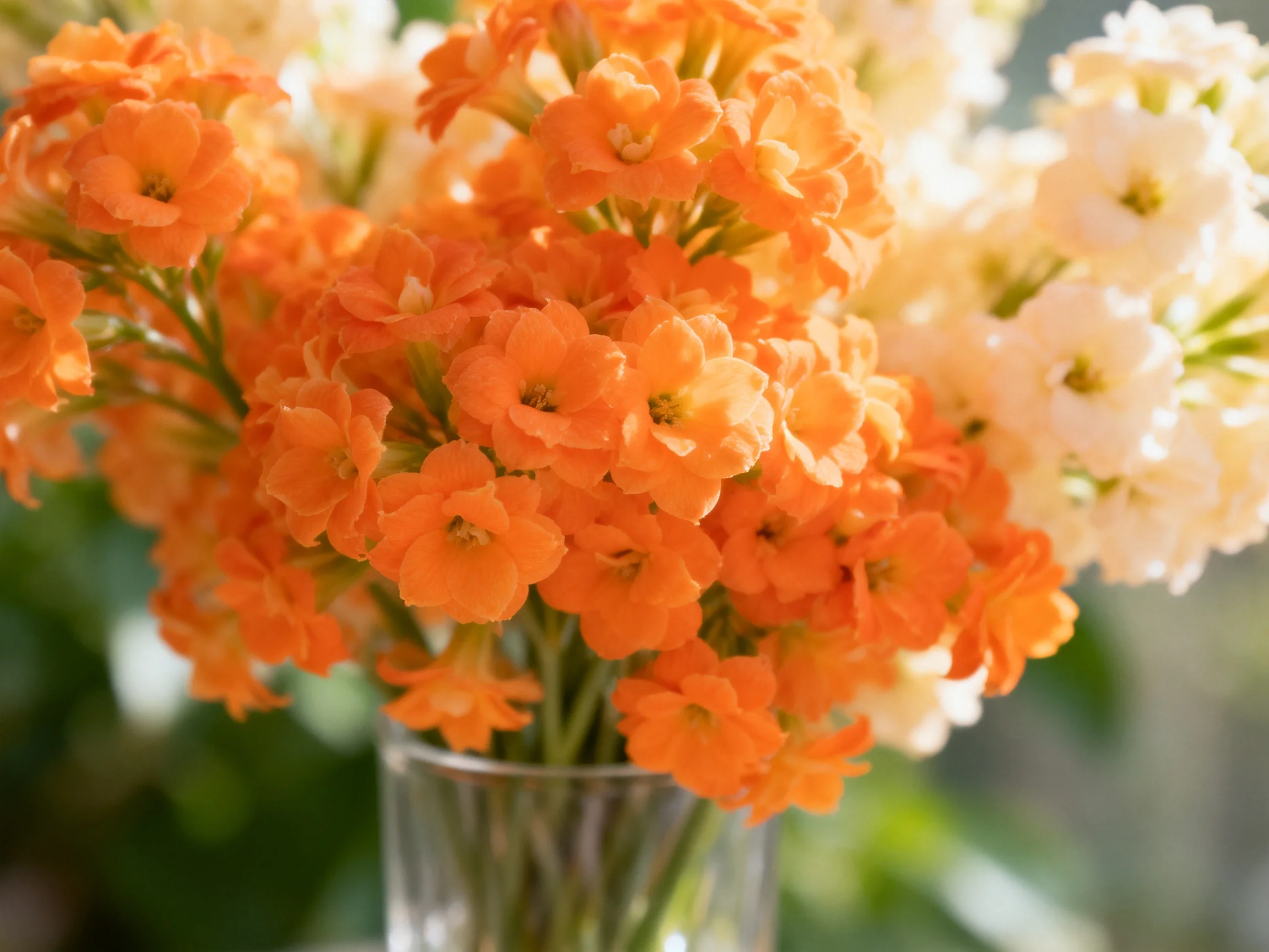 Orange and white flower arrangement in a clear glass vase