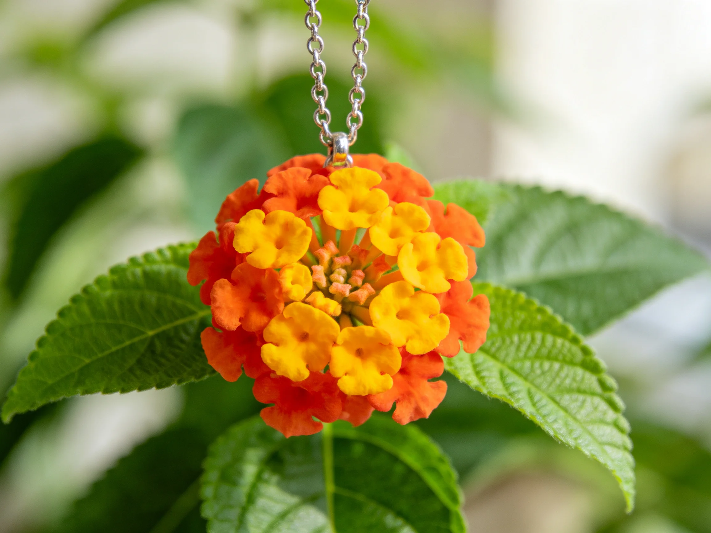 Orange and yellow flower cluster pendant with silver chain, near green leaves