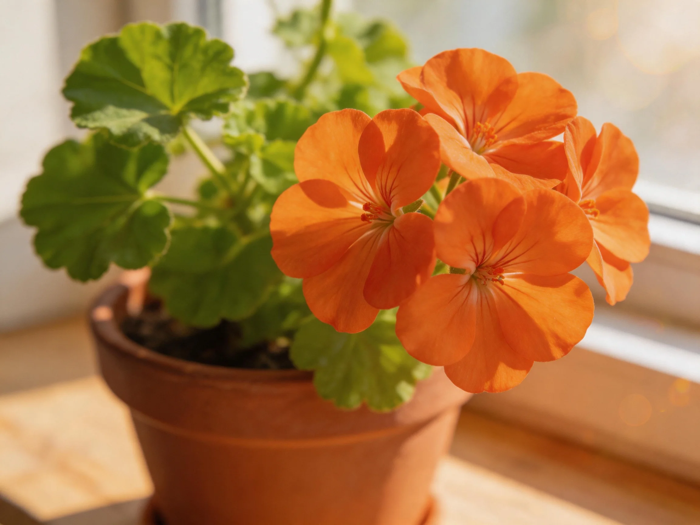 Orange geranium flowers in a terracotta pot near a sunlit window