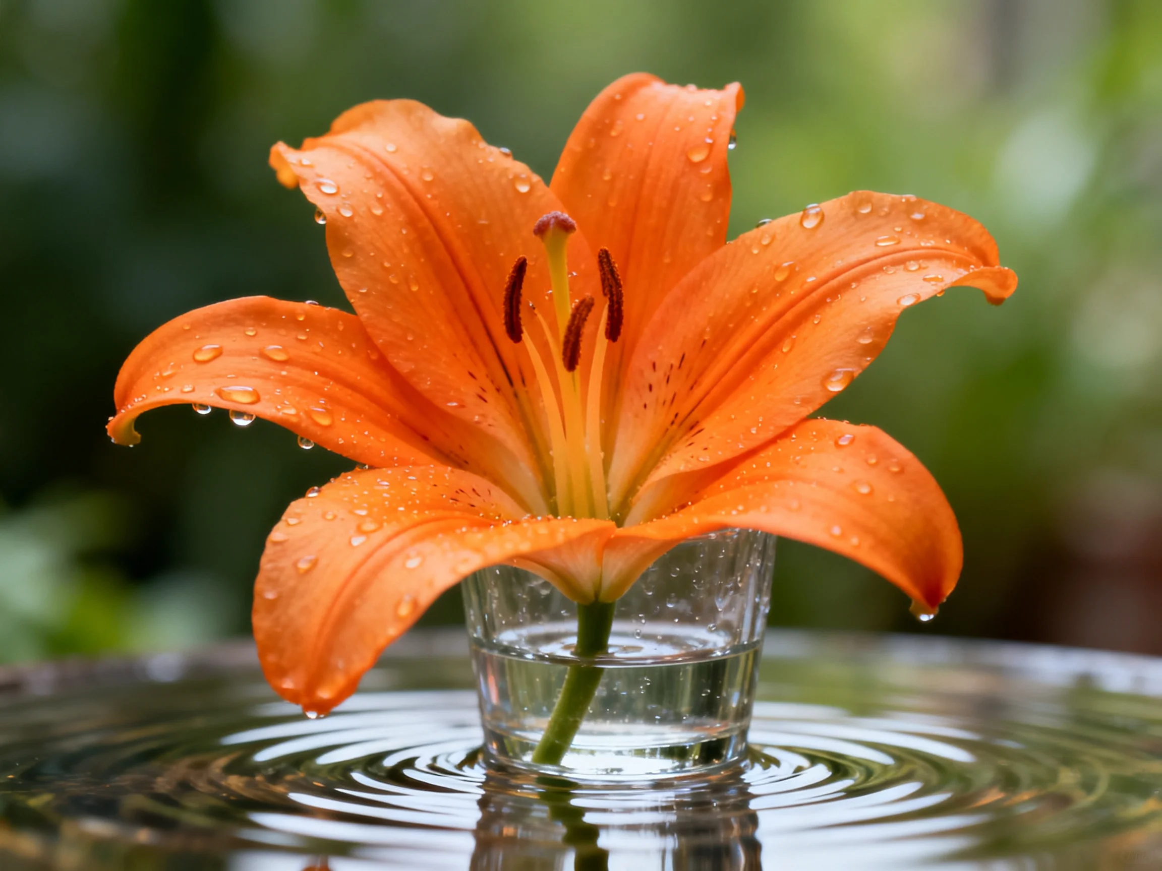 Orange lily with dewdrops in a glass vase over rippling water