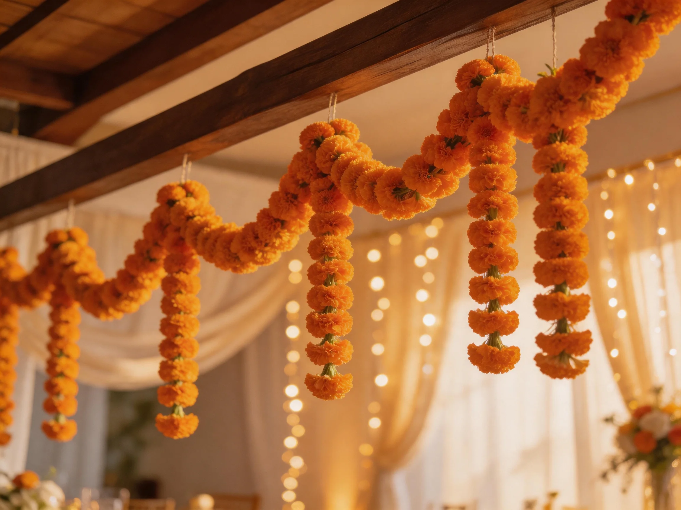 Orange marigold garlands hang from wooden beams in a warmly lit venue