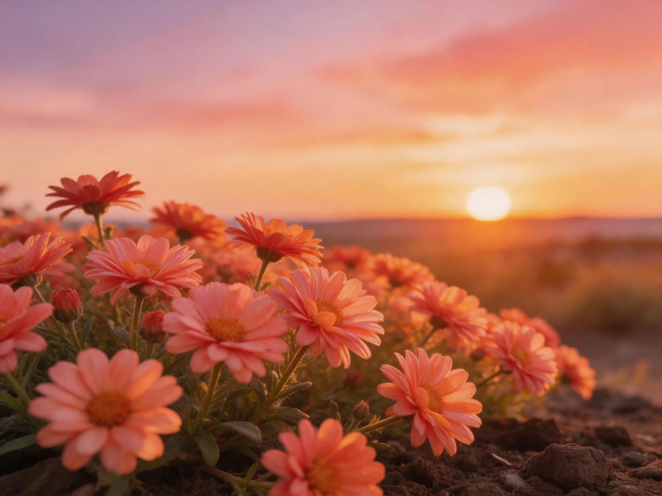 Orange-pink flowers bloom under a glowing sunset sky
