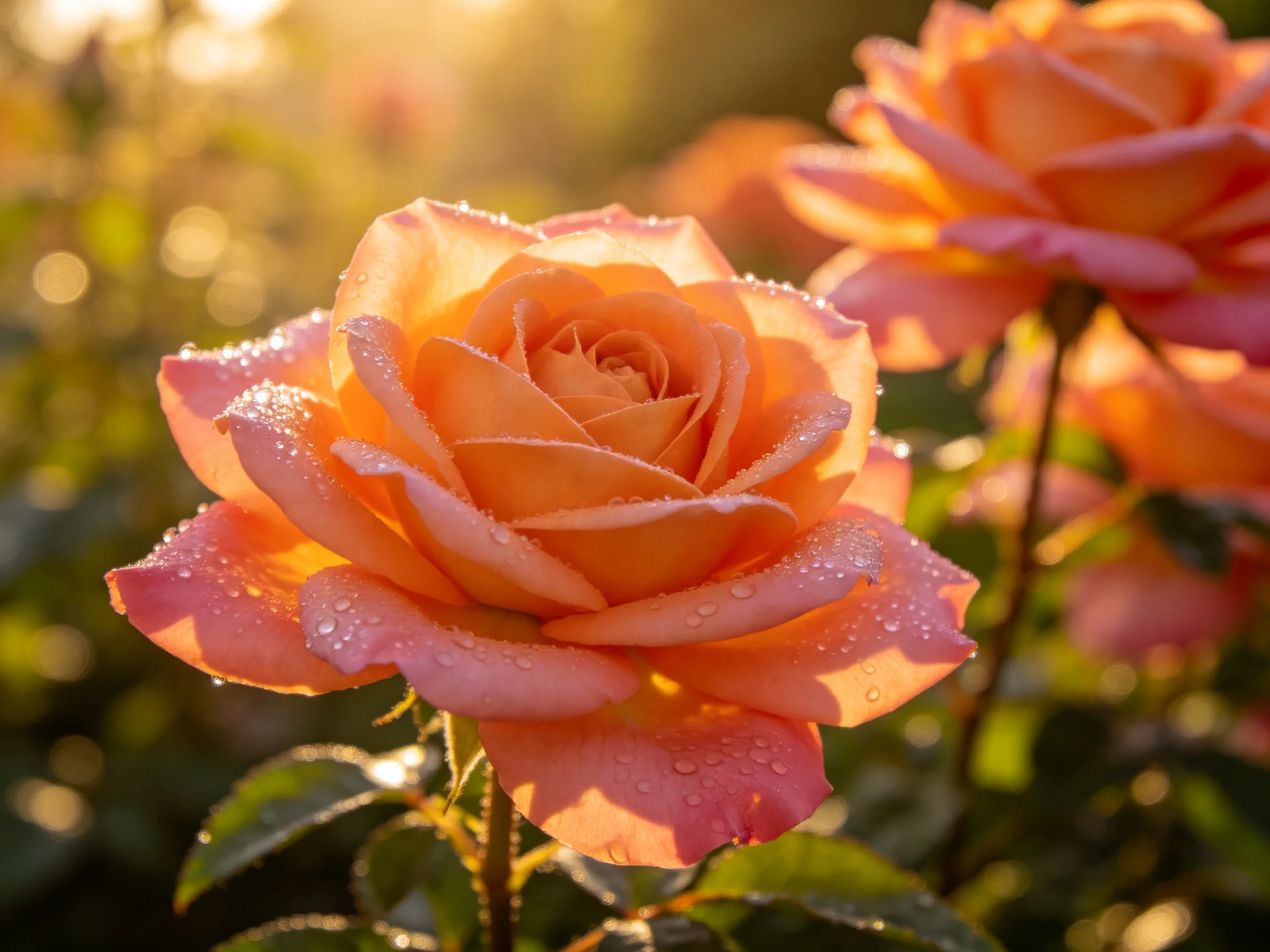Orange roses with dewdrops glowing in golden sunlight