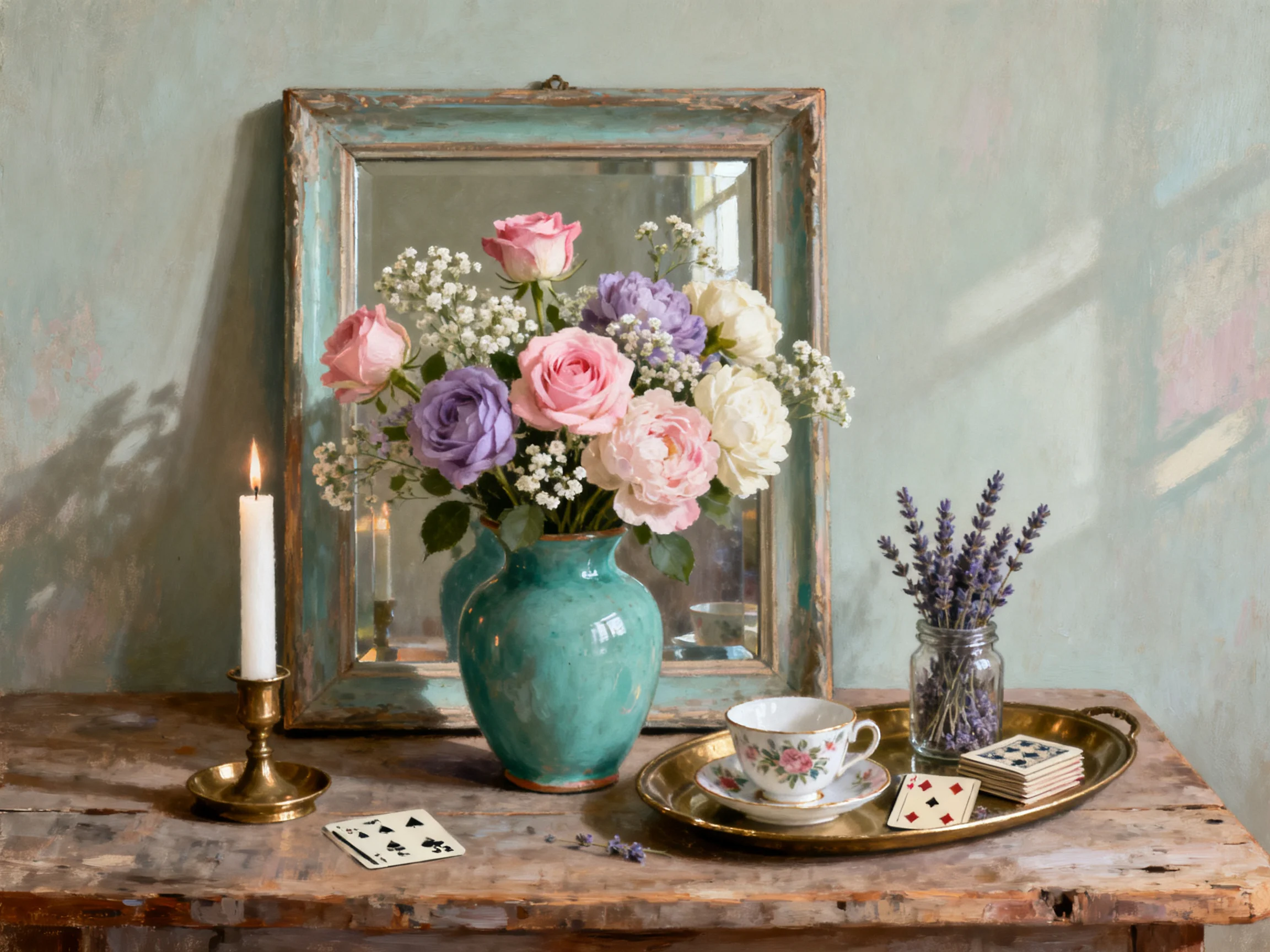 Ornate mirror reflects turquoise vase with pastel blooms and decor