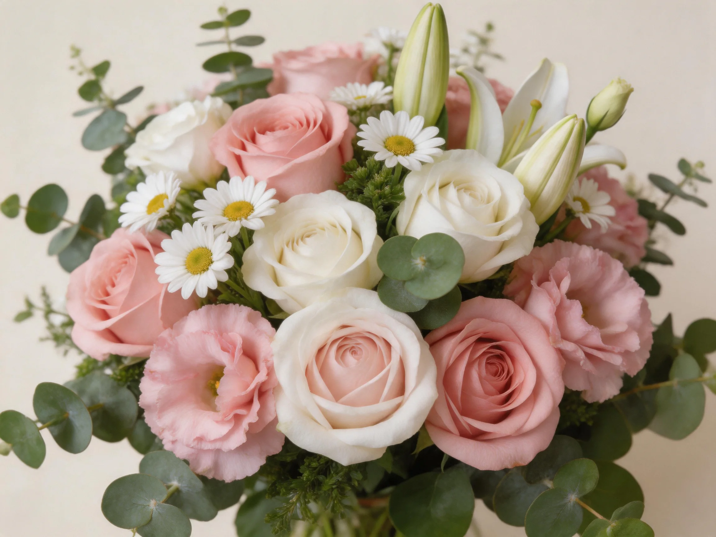 Pastel bouquet with pink roses, white flowers, and green foliage