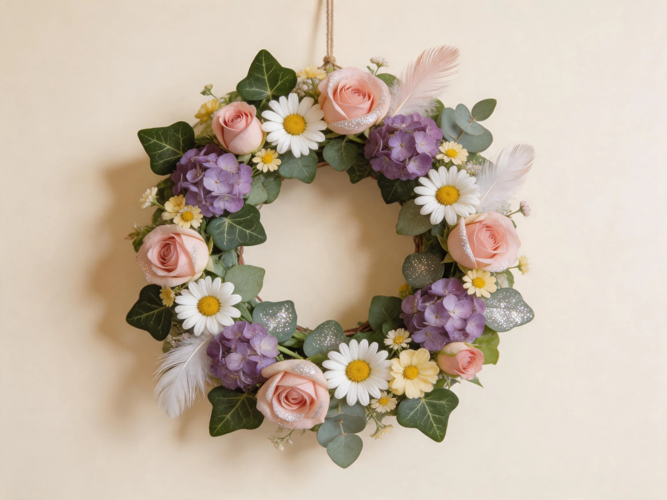 Pastel-colored floral wreath with pink roses, purple hydrangeas, and daisies