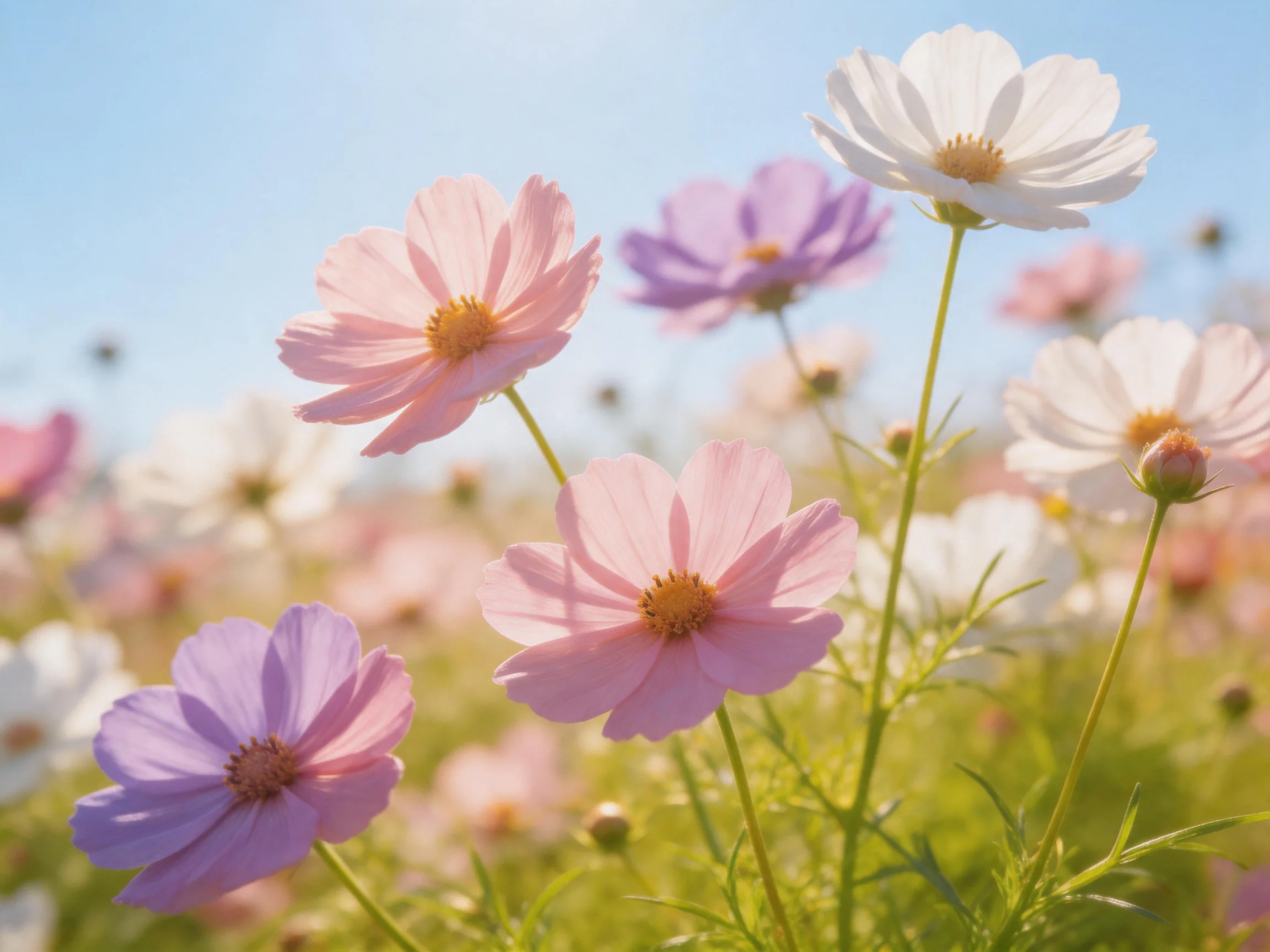 Pastel cosmos flowers bloom in a sunlit meadow