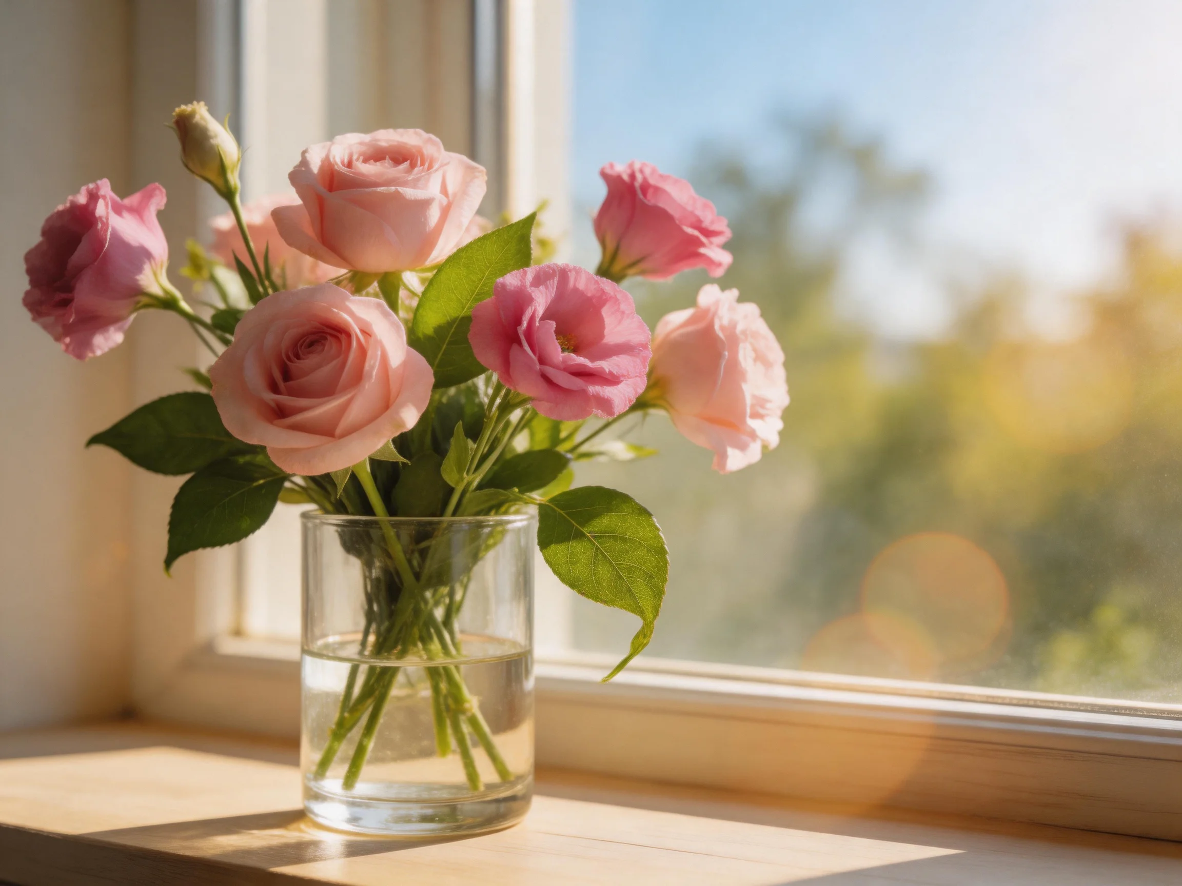 Pastel pink roses and flowers in a clear glass vase by a sunlit window