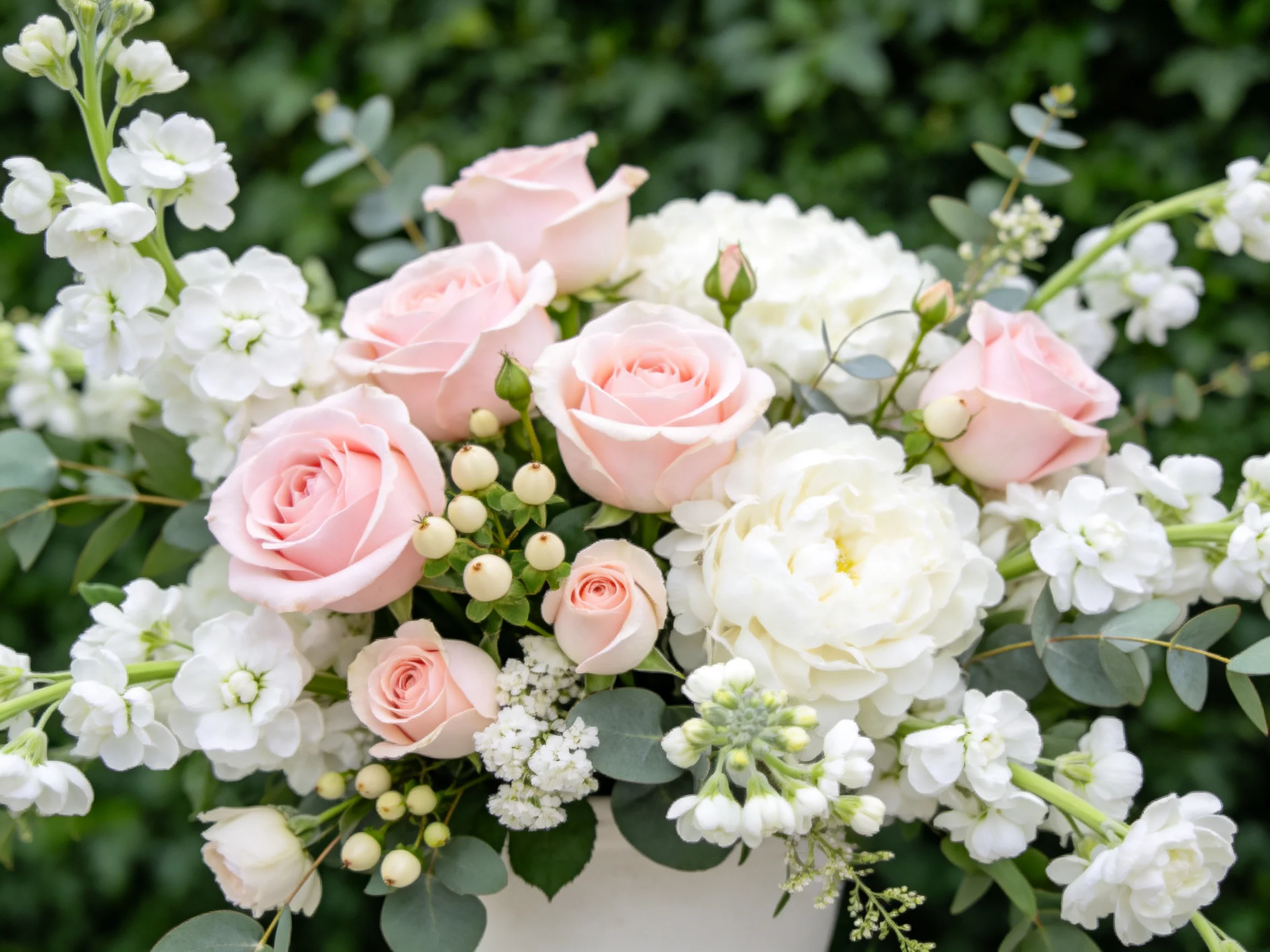 Pastel pink roses, white flowers, and greenery in a floral arrangement