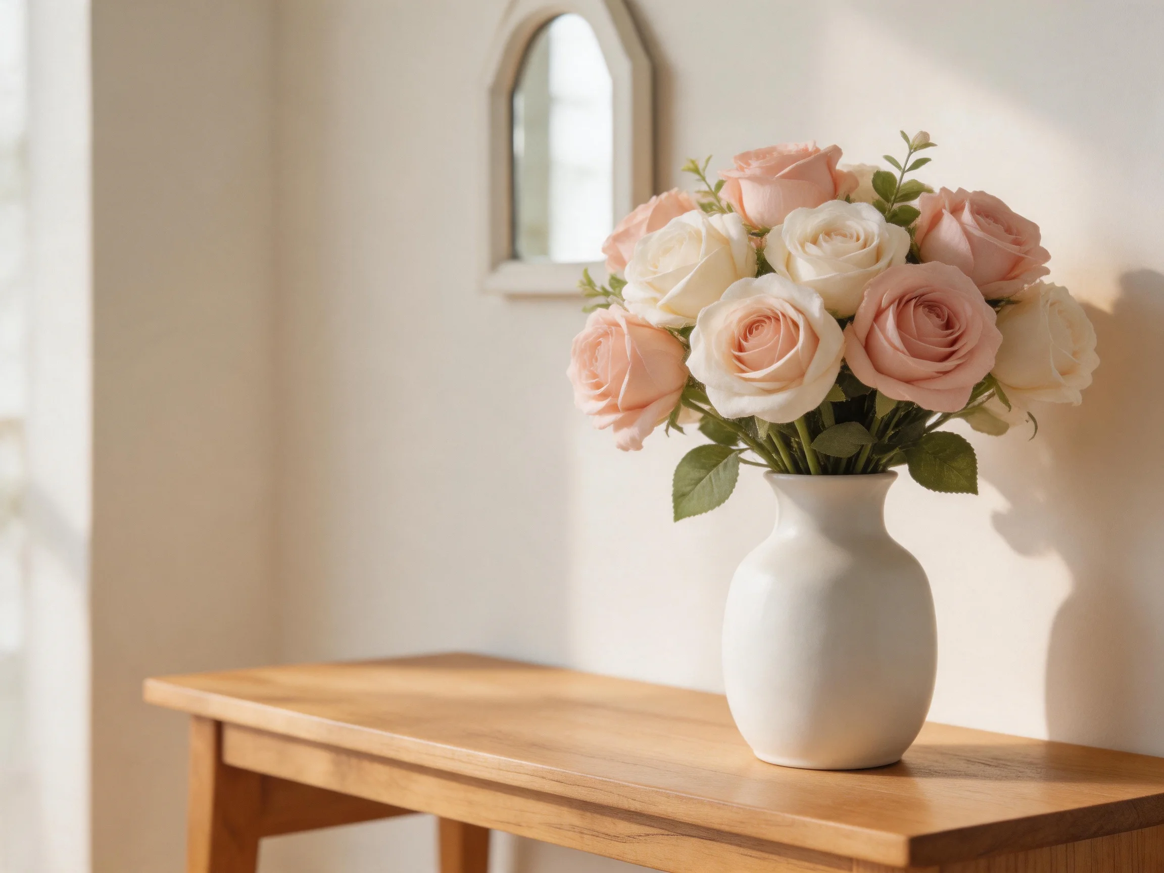 Pastel roses in a white vase sit on a wooden table near an arched mirror