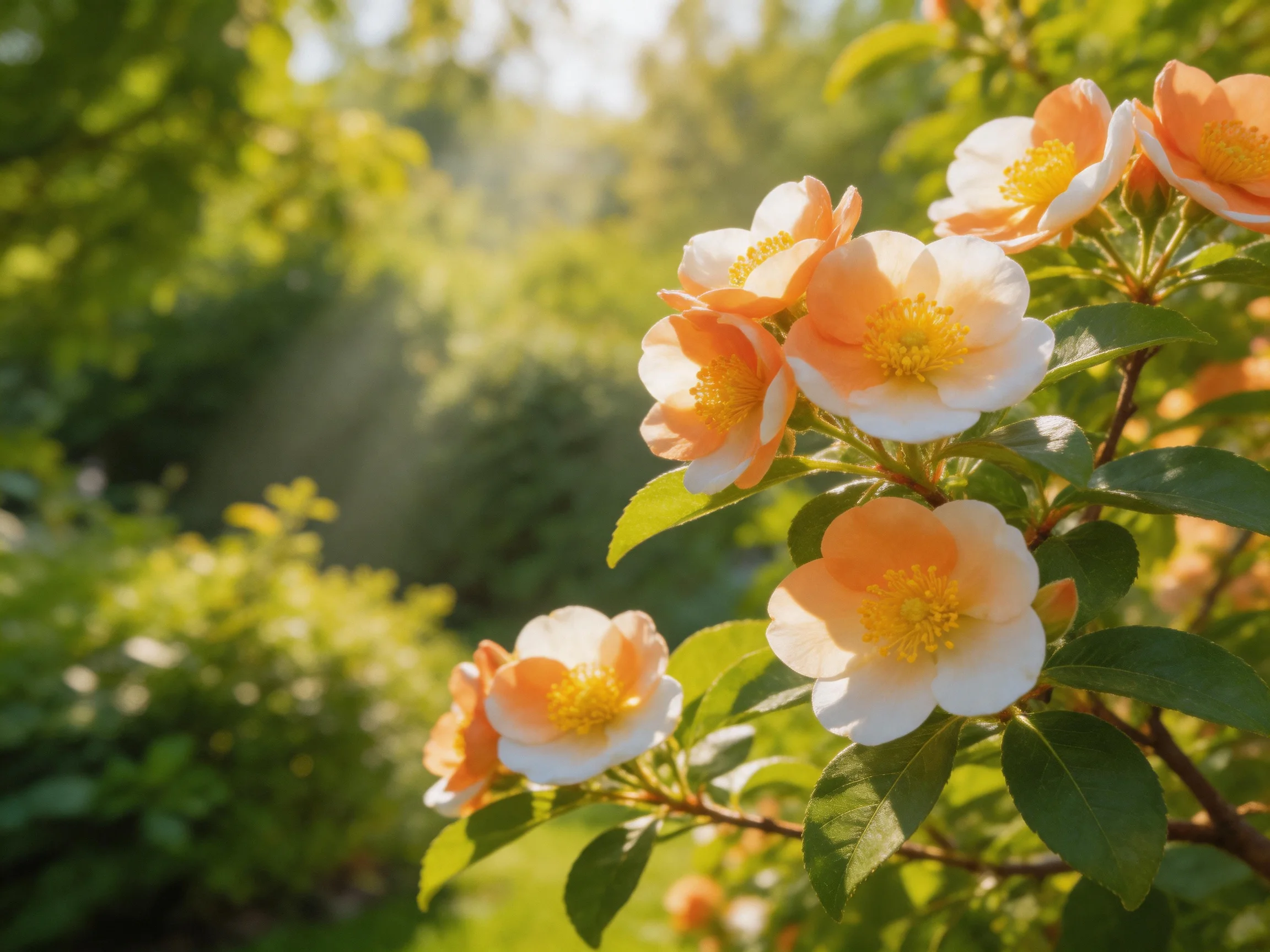 Peach-and-white blooms bloom among lush green foliage under golden sunlight