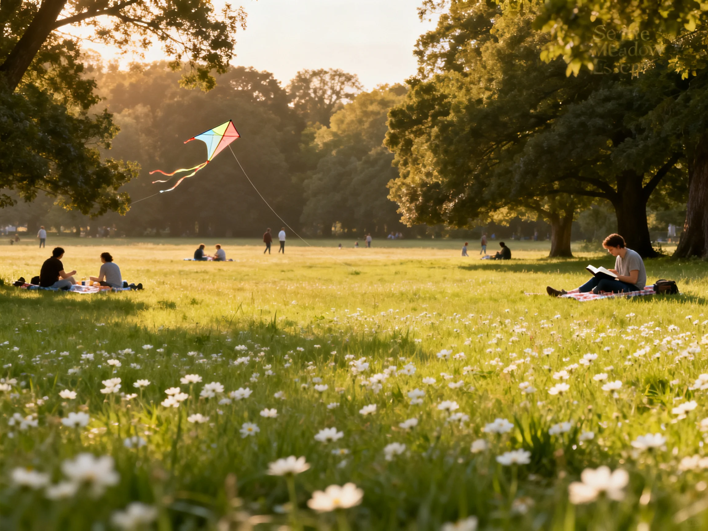 People relaxing in a sunlit park with a colorful kite flying