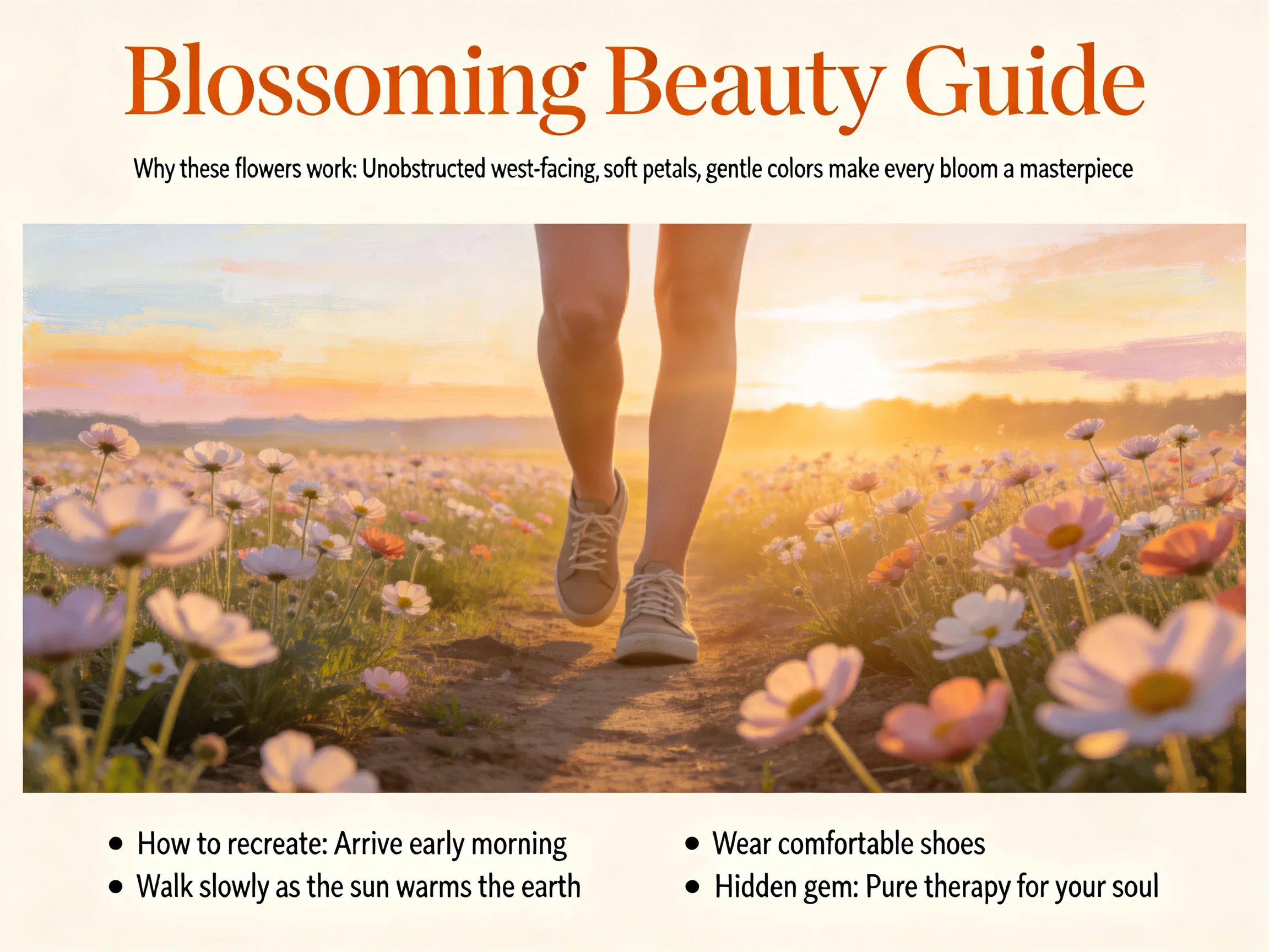Person Walking Through a Blossoming Flower Field Under Warm Sunset Light