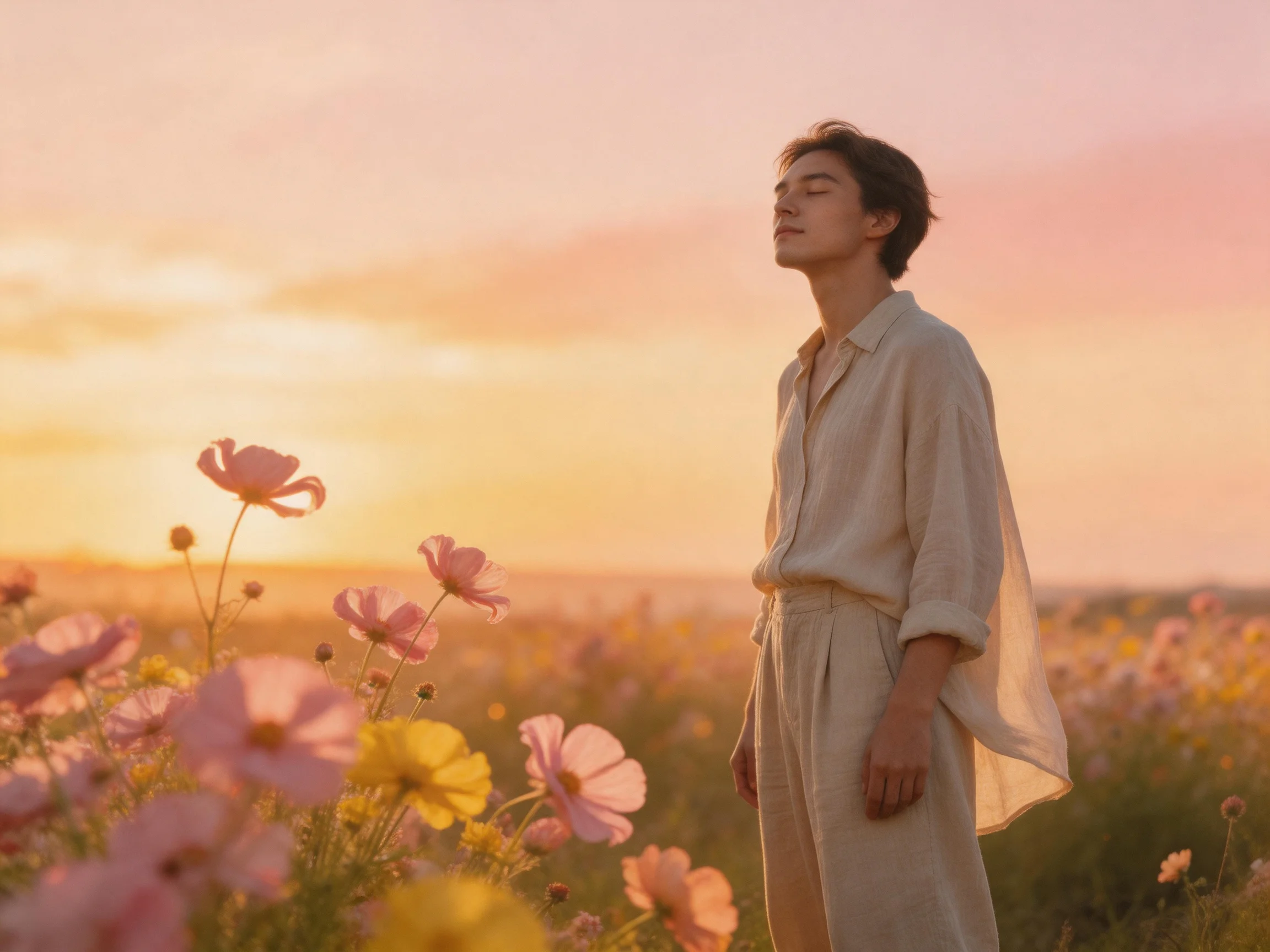 Person in a flower-filled meadow under a golden sunset