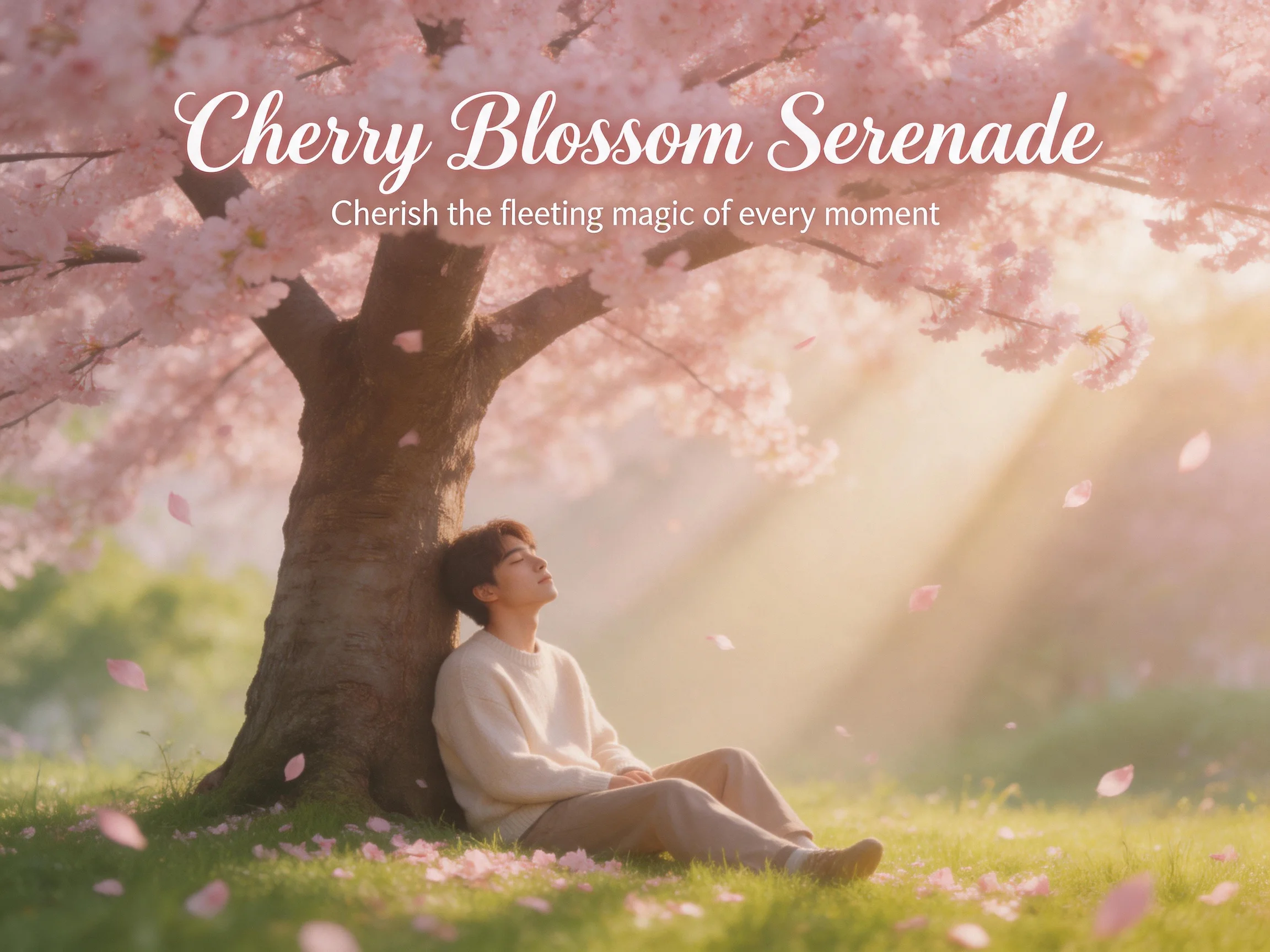 Person leaning against cherry blossom tree with falling petals