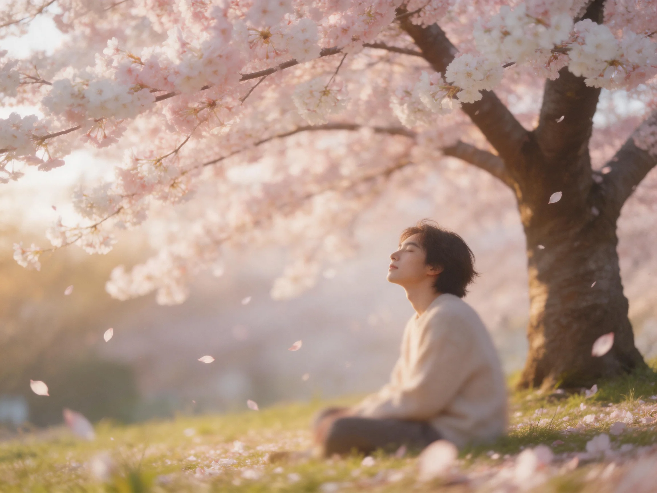 Person meditating beneath blooming pink cherry blossom canopy with falling petals