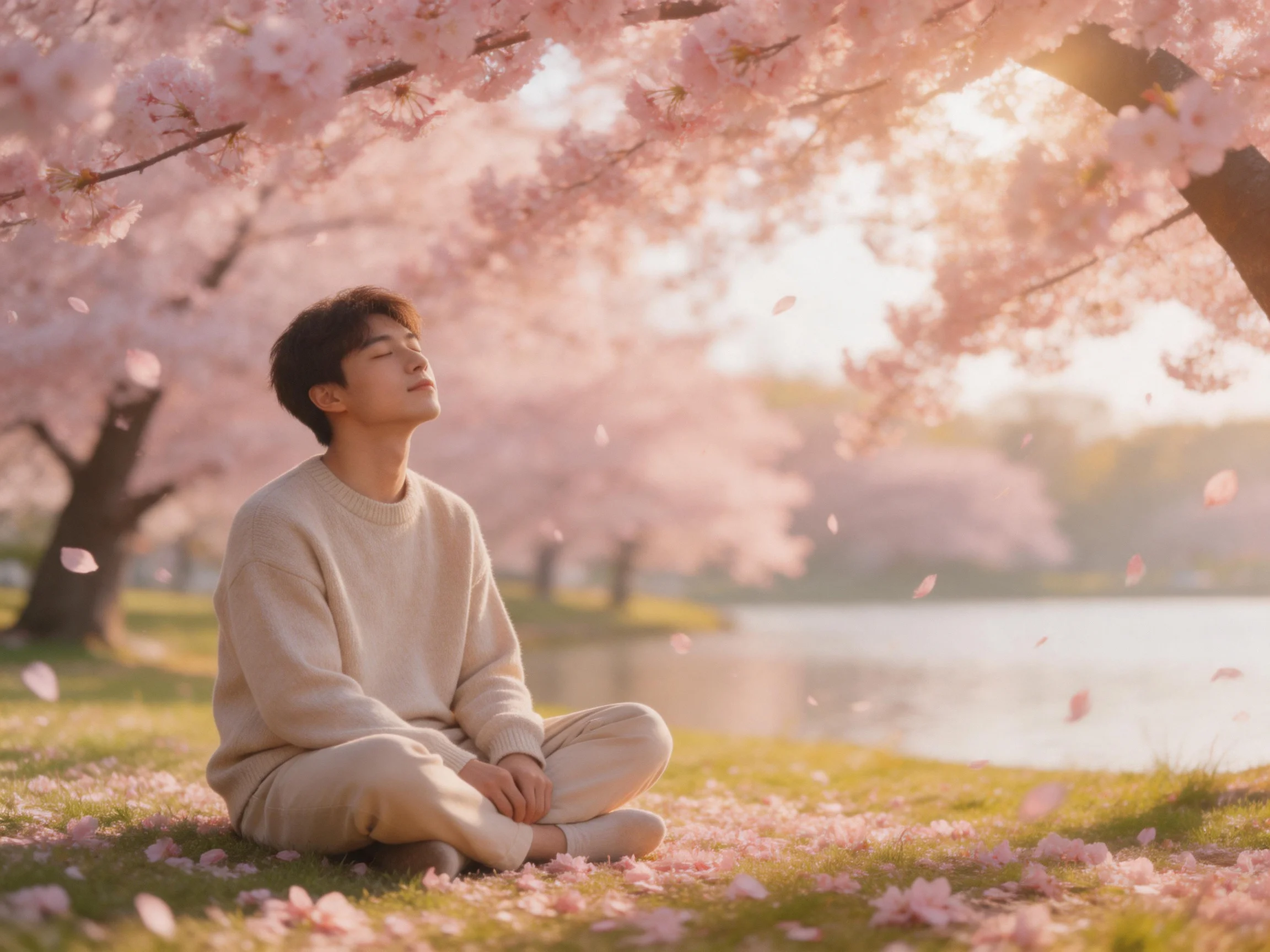 Person meditating under cherry blossom trees near a tranquil lake