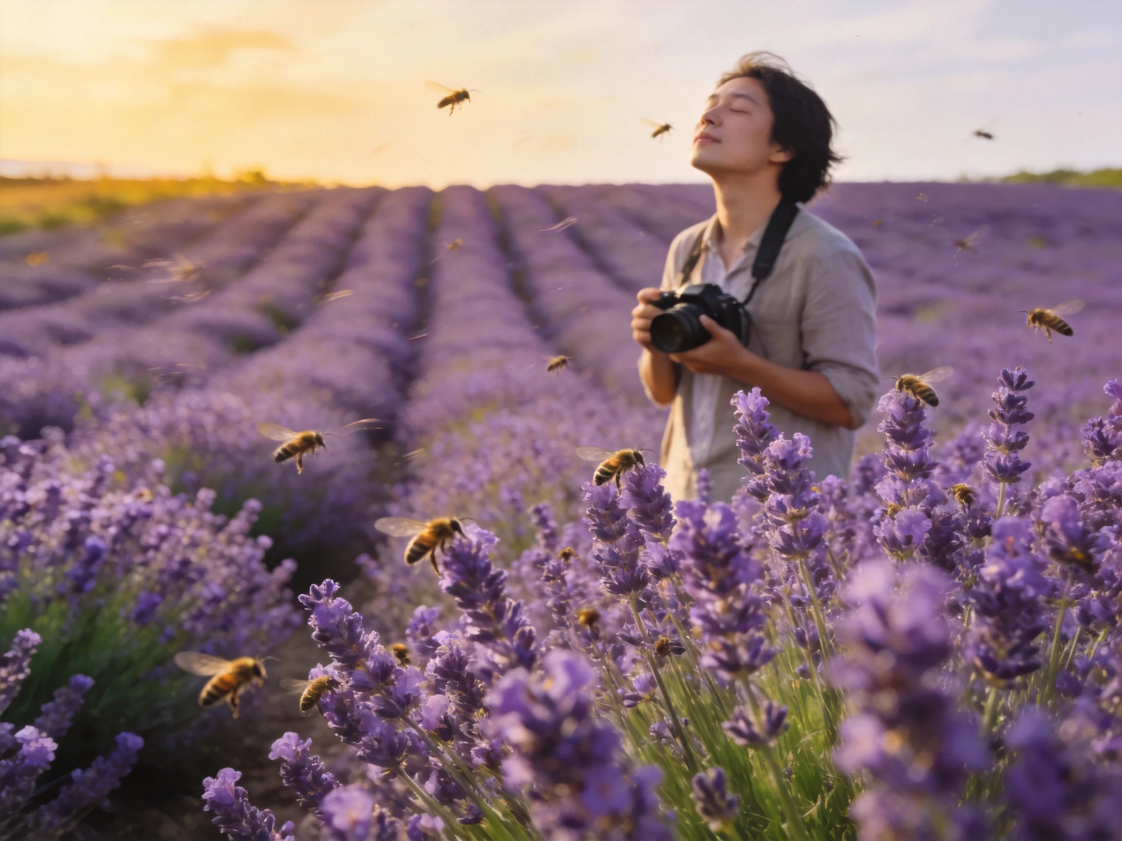Person photographing bees in expansive lavender fields at sunset