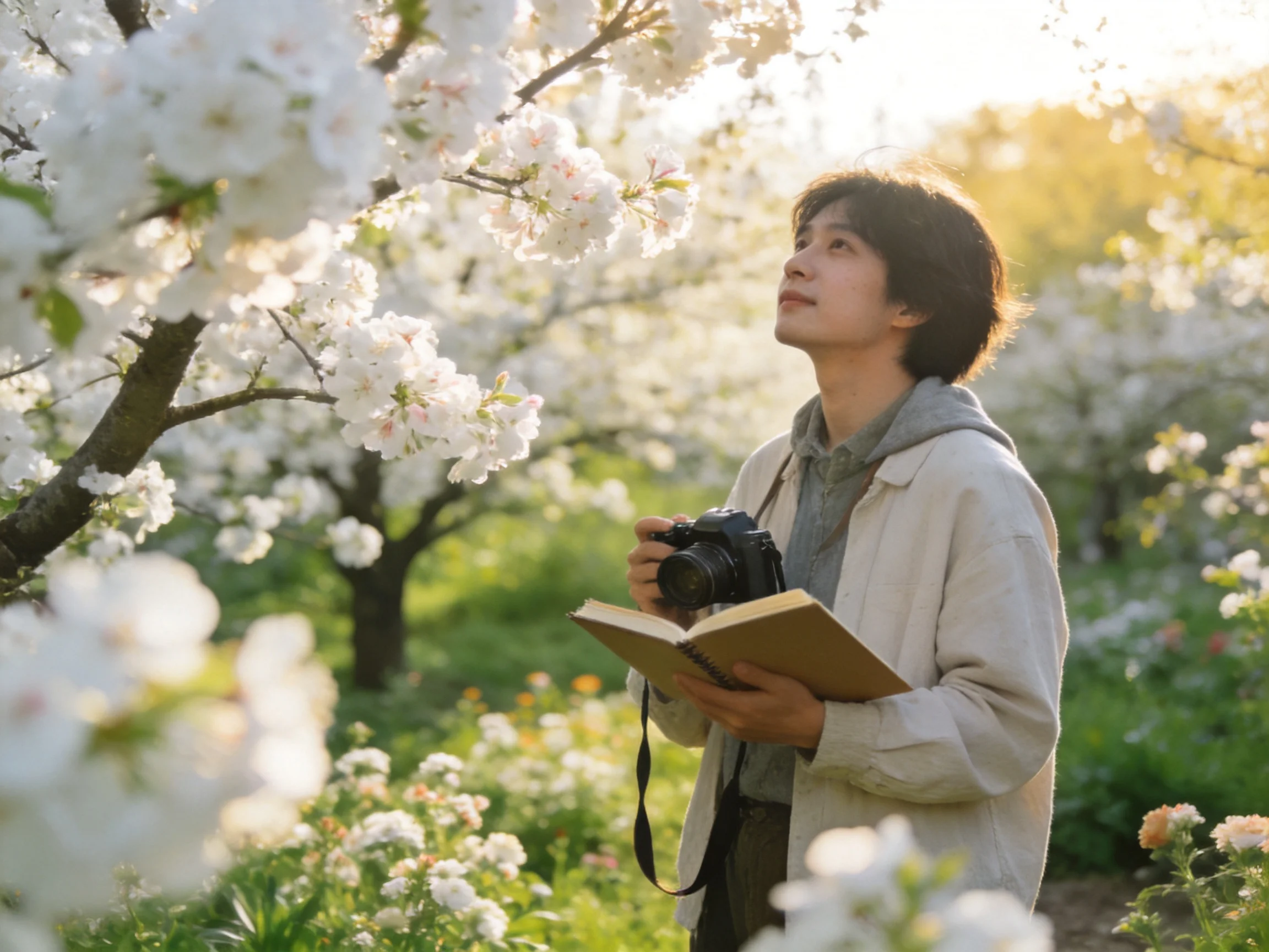 Person photographing white cherry blossom trees with an open book