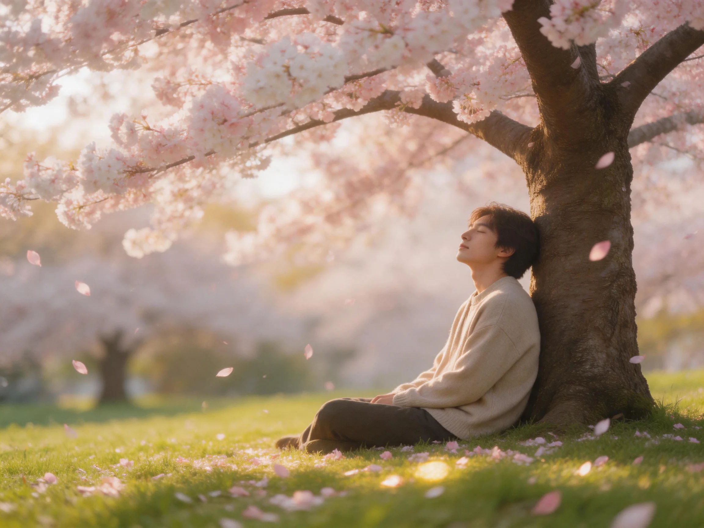 Person relaxing under blooming cherry blossom tree with falling petals